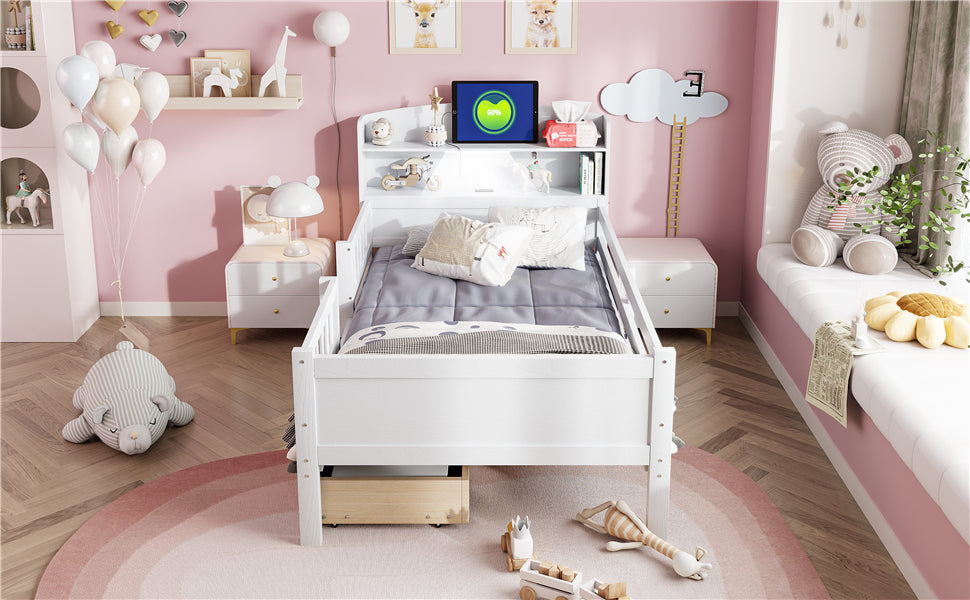 Wood Twin Size Platform Bed With Built In Led Light, Multi Functional Headboard, Guardrail And 2 Drawers, White Expected Arrival Time: 3.15 Box Spring Not Required Twin White Wood Bedroom Bed Frame