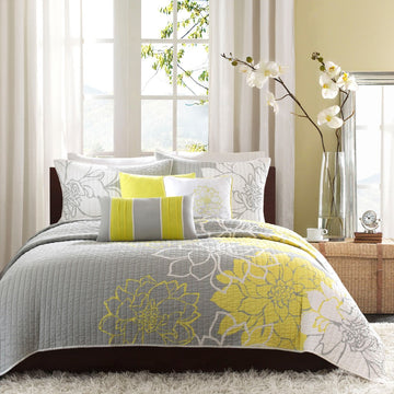6 Piece Printed Cotton Quilt Set With Throw Pillows Taupe Grey Yellow King Cal King King Yellow Grey Cotton