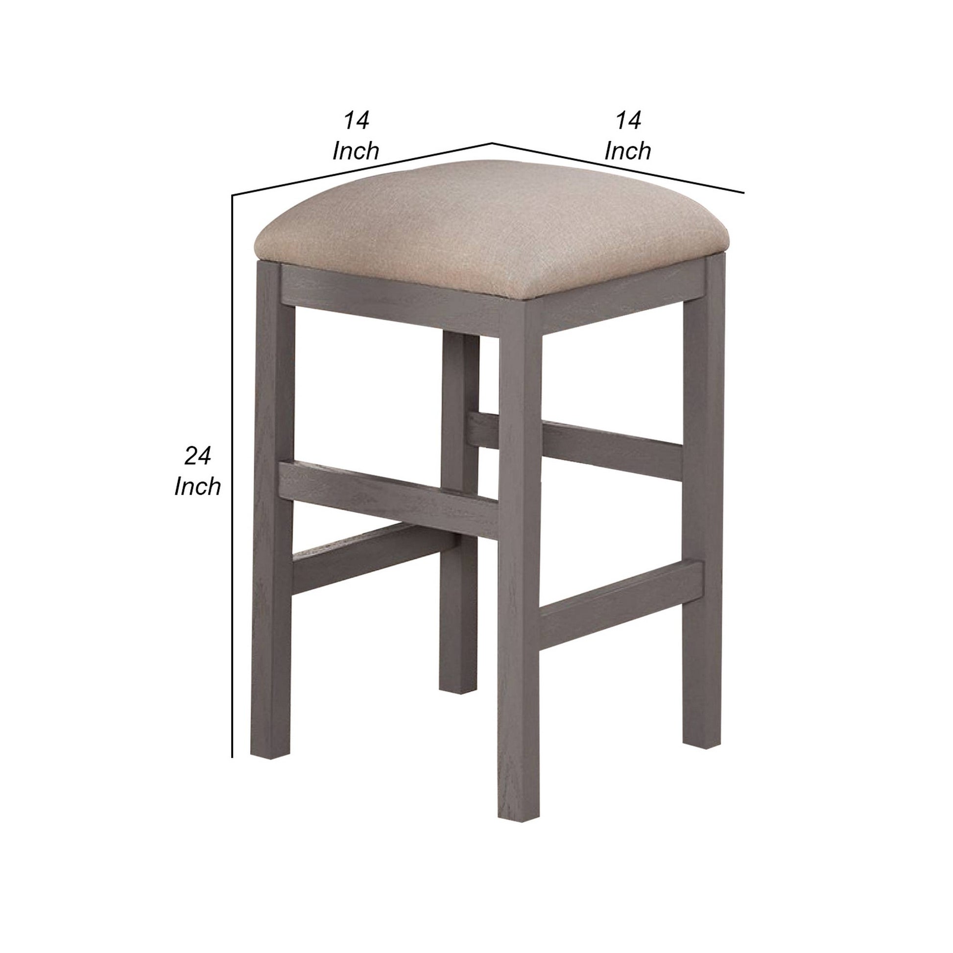 24 Inch Wood Counter Stool, Set Of 2, Cushioned, Farmhouse Design, Gray Beige Grey Wood Fabric