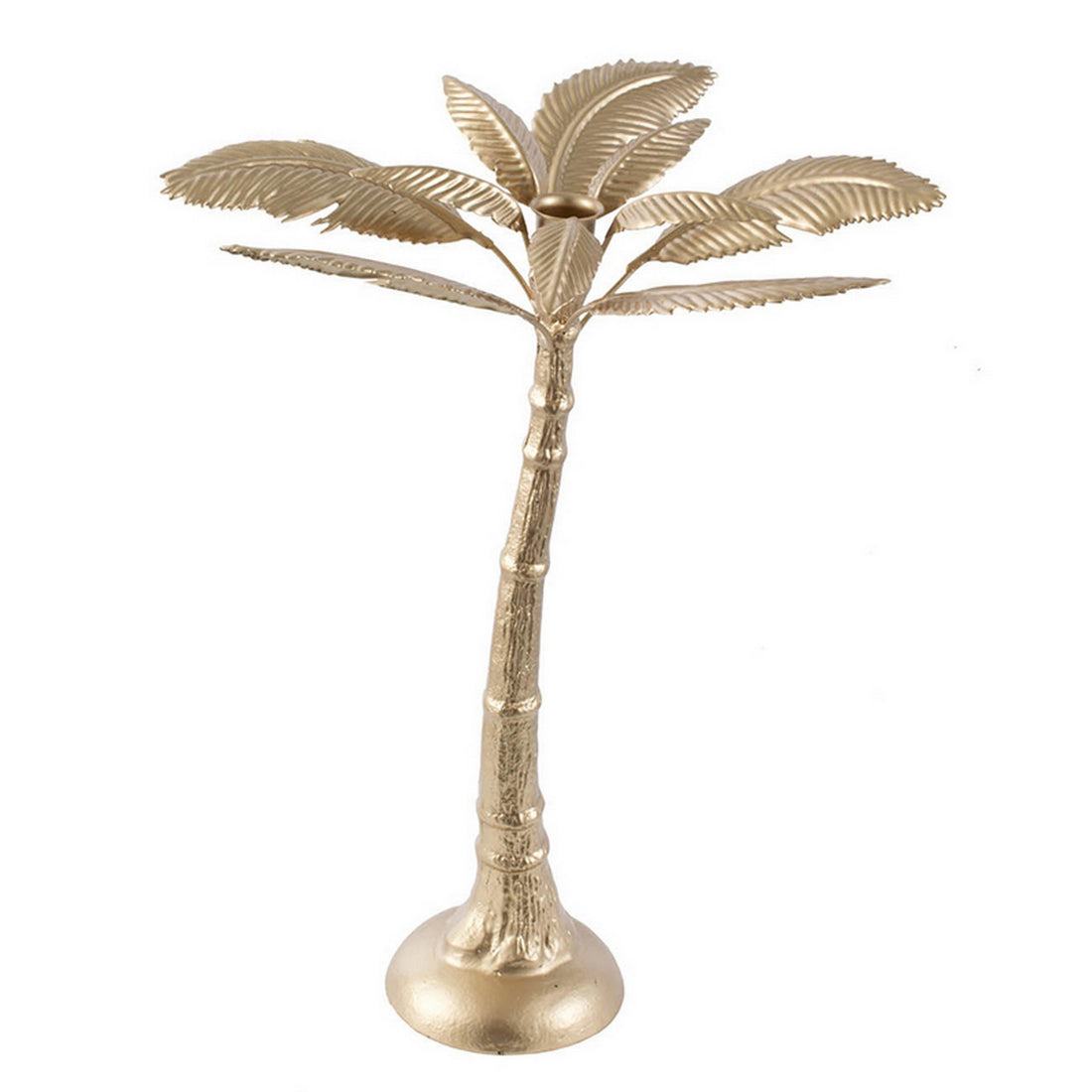 16 Inch Tall Artisan Candle Holder Inspired By A Palm Tree, Iron, Gold Gold Iron