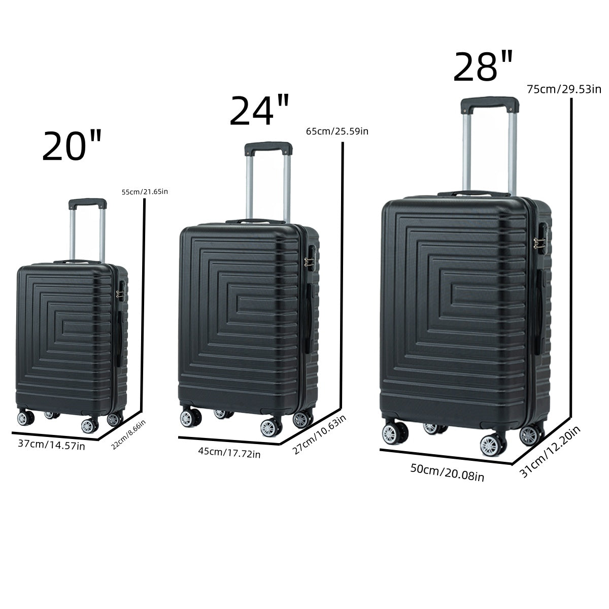 Luggage Set Abs Material Travel Suitcase Set With Spinner Wheels For Men Women, 20'' 24'' 28'' Black Abs