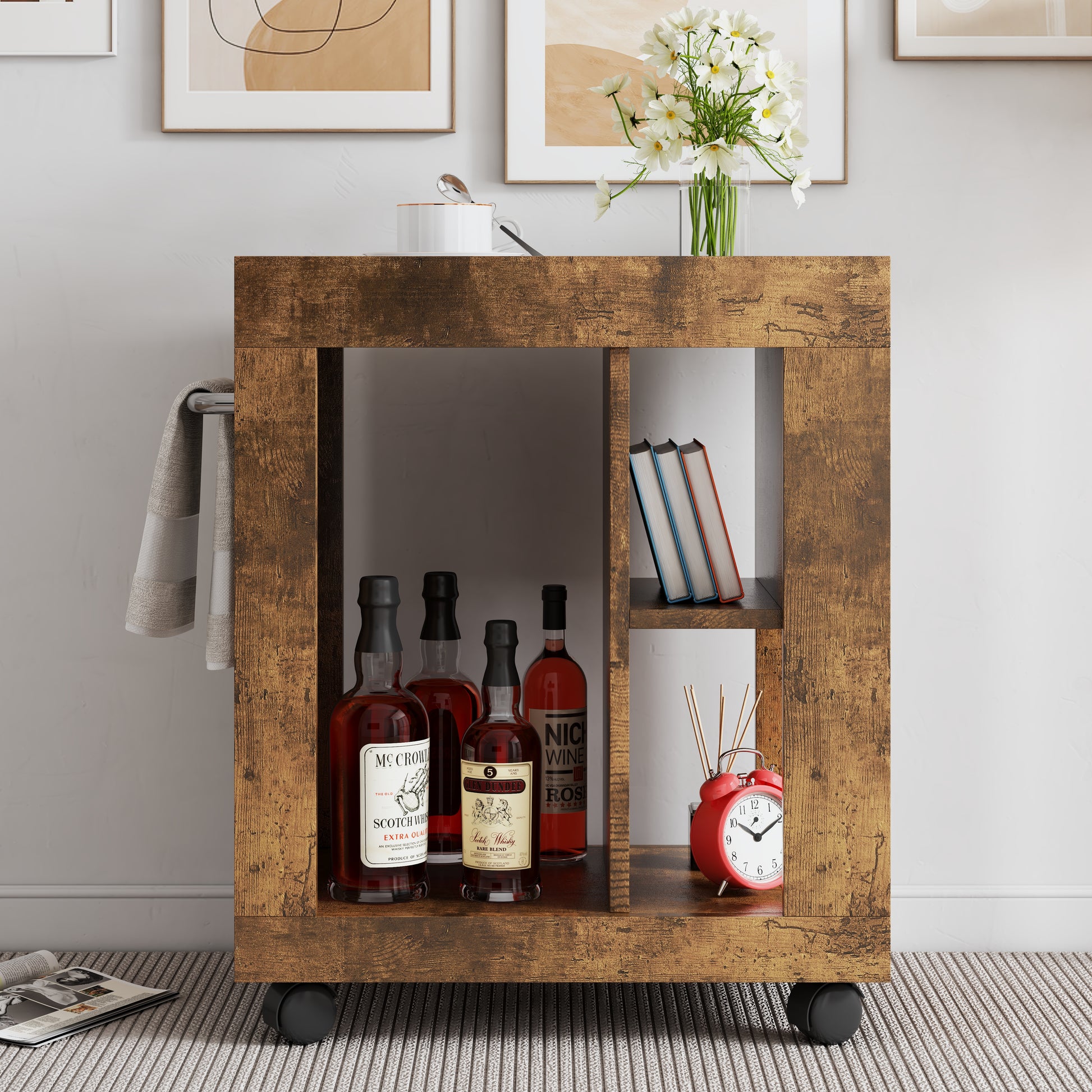 Mid Century Modern Style Movable Side Cabinet For Sofa, Household Brown Trolley Storage Locker And Shelf For Living Room. Black Brown Mdf