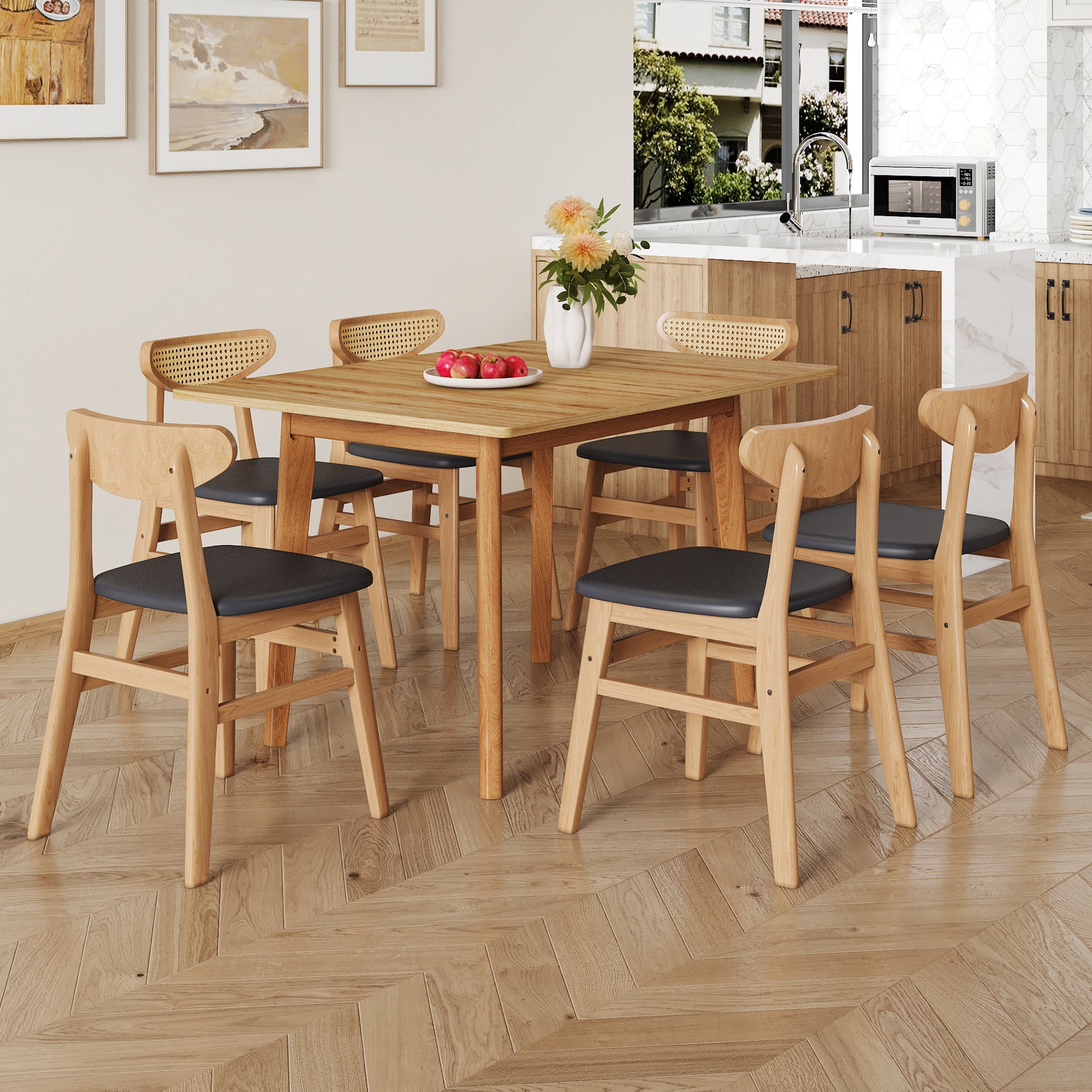 Wood Colored Mdf Desktop With Rubber Wooden Legs, Foldable Computer Desk, Foldable Office Desk, Solid Wood Dining Chair With Small Curved Back And Pu Cushion . Zd 1545 Dx 2361 Wood Seats 6 Wood