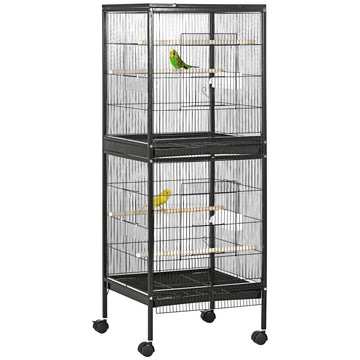 Pawhut Large Bird Cage With 1.7 Ft. Width For Wingspan, Bird Aviary Indoor With Multi Door Design, Fit For A Canary, Finch, Conure, 55", Black Black Wood