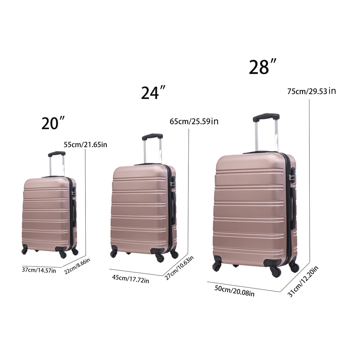 Luggage Universal Wheel Hard Shell Lightweight Password Lock Family Set Rose Gold, 3 Piece Set 20 Inches 24 Inches 28 Inches Rose Gold Abs