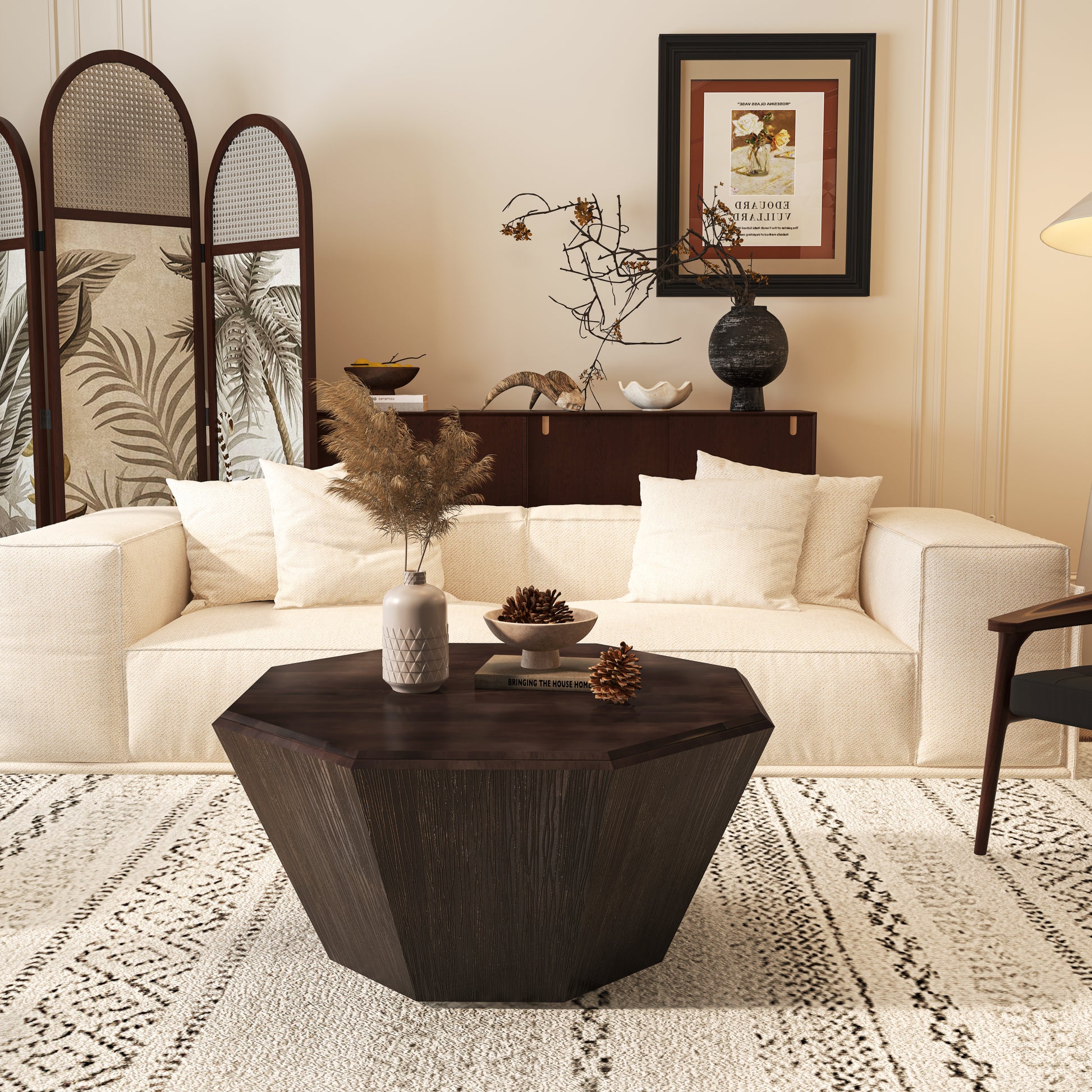 31.5 "Octagonal Black Walnut Rubber Wood Coffee Table, Coffee Table, Living Room Bedroom Walnut Rubber Wood