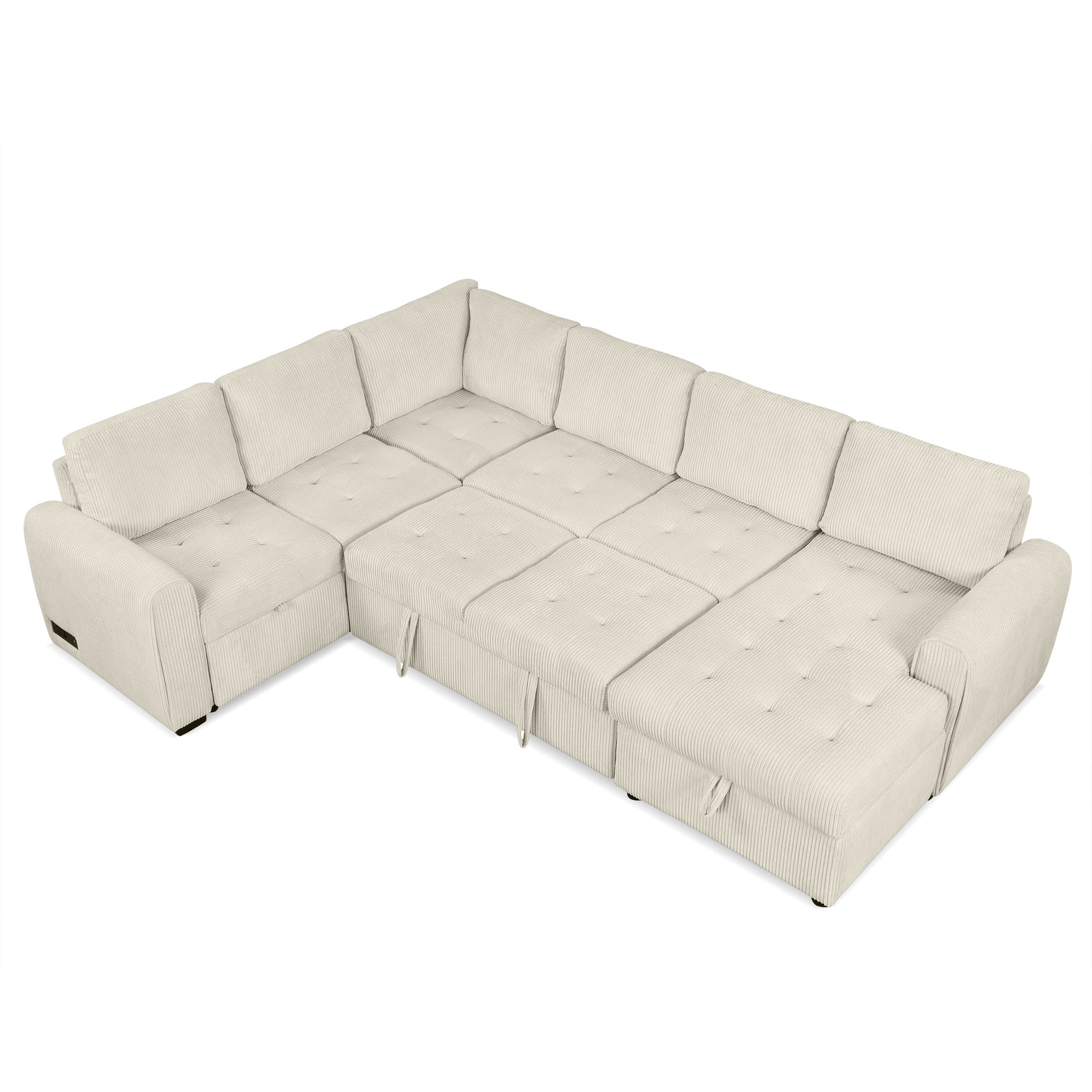 107.5" U Shaped Sofa Sectional Sofa Pull Out Sofa Bed With A Storage Chaise Lounge, Charging Devices For Living Room, Beige Beige Foam Corduroy 5 Seat