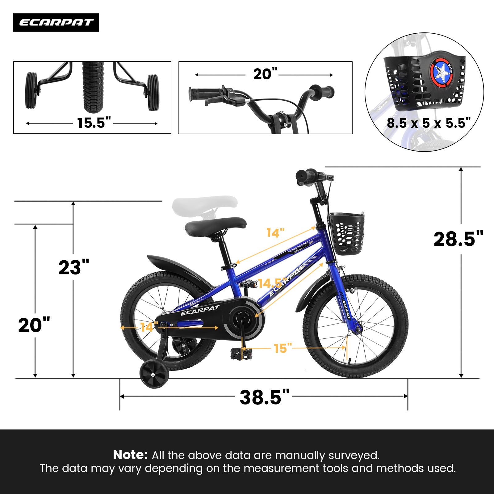 C14111A Kids Bike 14 Inch For Boys & Girls With Training Wheels, Freestyle Kids' Bicycle With Bell,Basket And Fender. Blue Steel