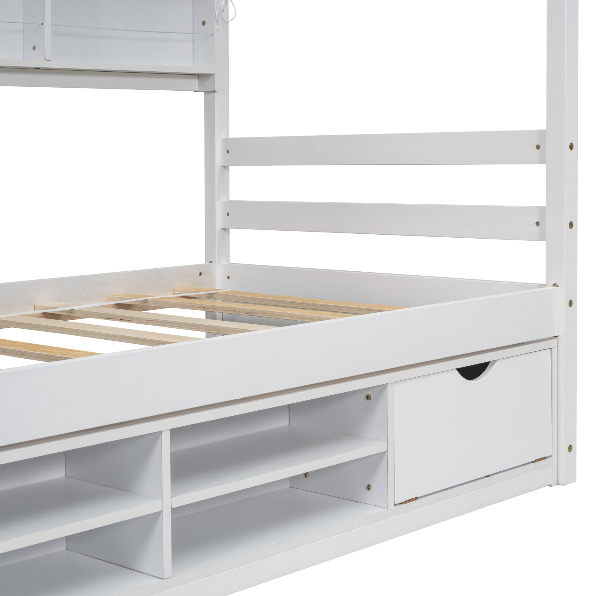 Twin House Bed With Roof Frame, Bedside Shelves, Under Bed Storage Unit,White Twin White American Design Pine