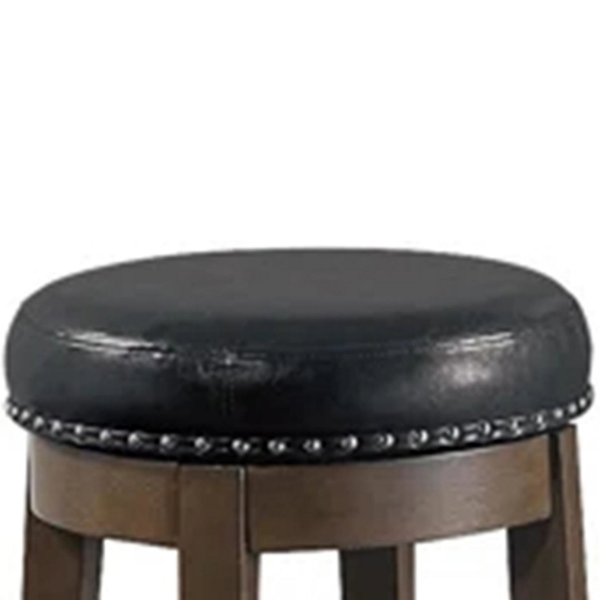 Drue 24 Inch Set Of 2 Swivel Counter Stools, Brown Wood Black Faux Leather Black Brown Wood Fabric