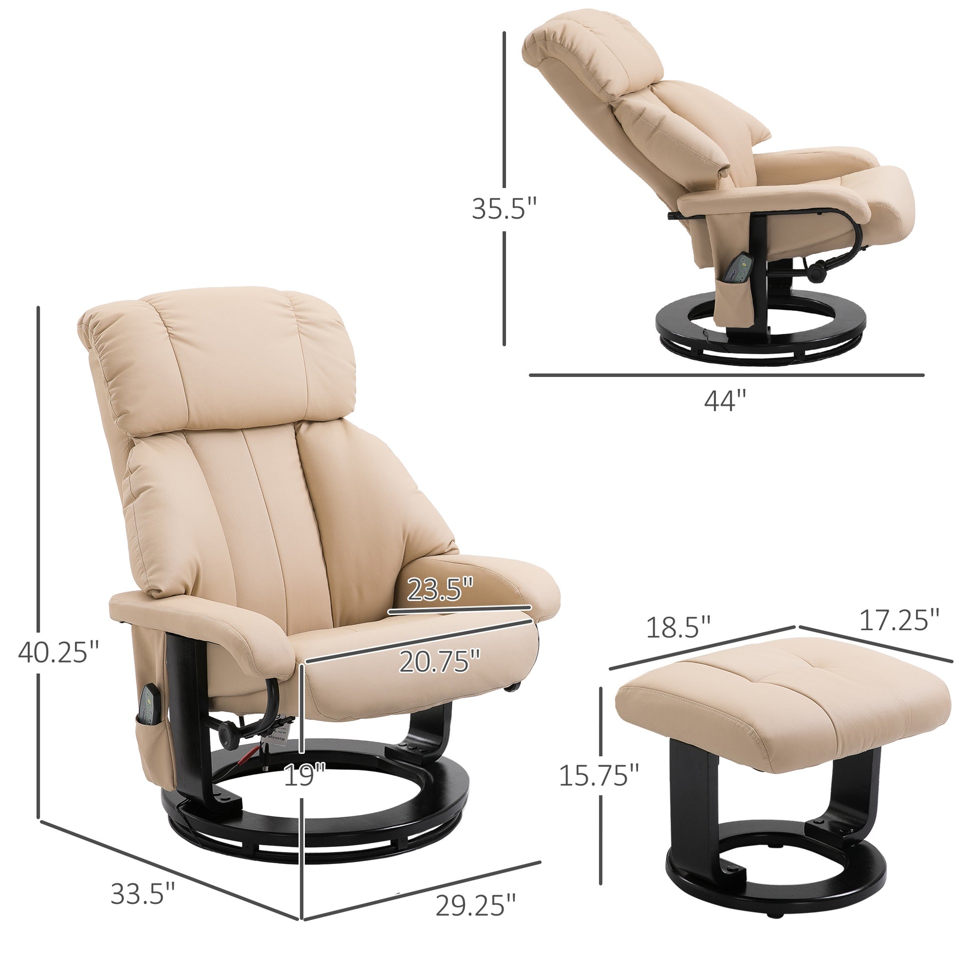 Homcom Massage Recliner Chair With Ottoman, 360 Swivel Recliner And Footstool, 10 Point Vibration, Pu Leather Reclining Chair With Side Pocket And Remote Control, Beige Beige Wood