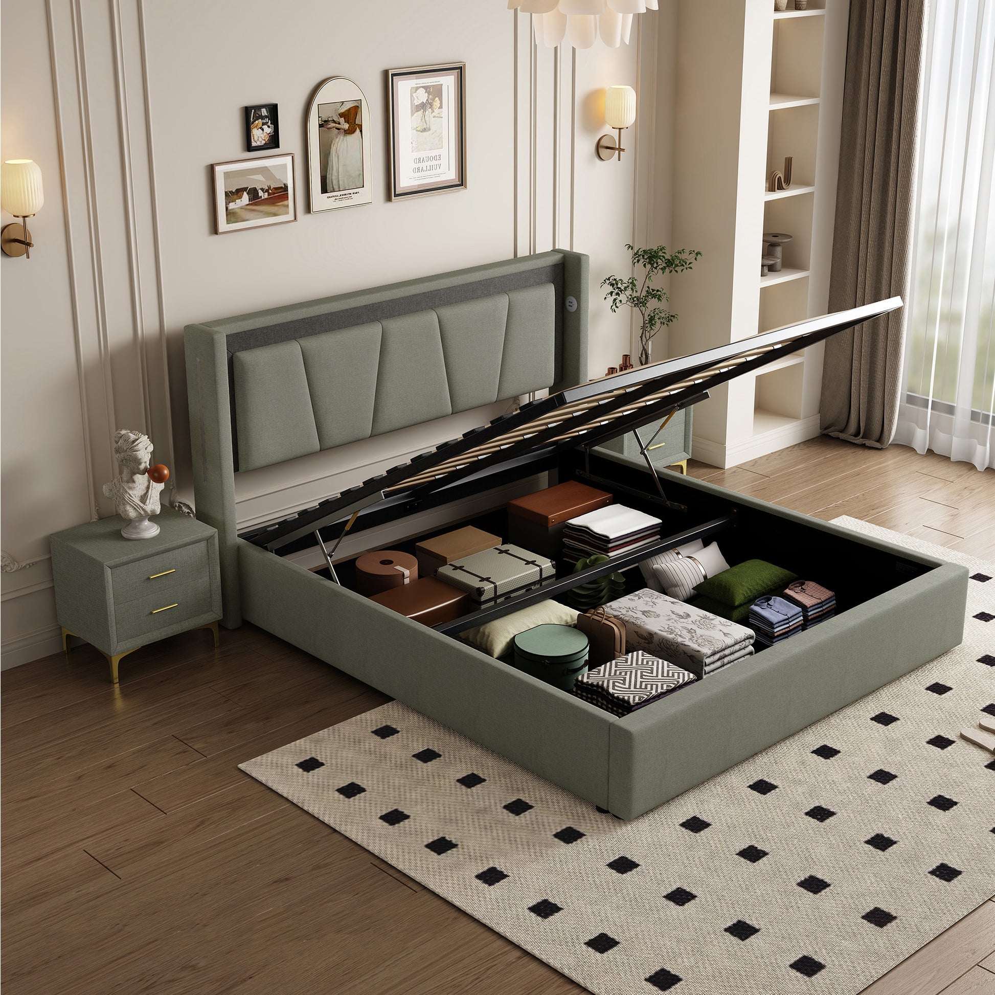 Queen Size, Cotton And Linen Fabric, Pneumatic Bed, With Storage Space Under The Bed, Stable Bed Structure,Dark Gray Queen Dark Gray Mdf Acacia