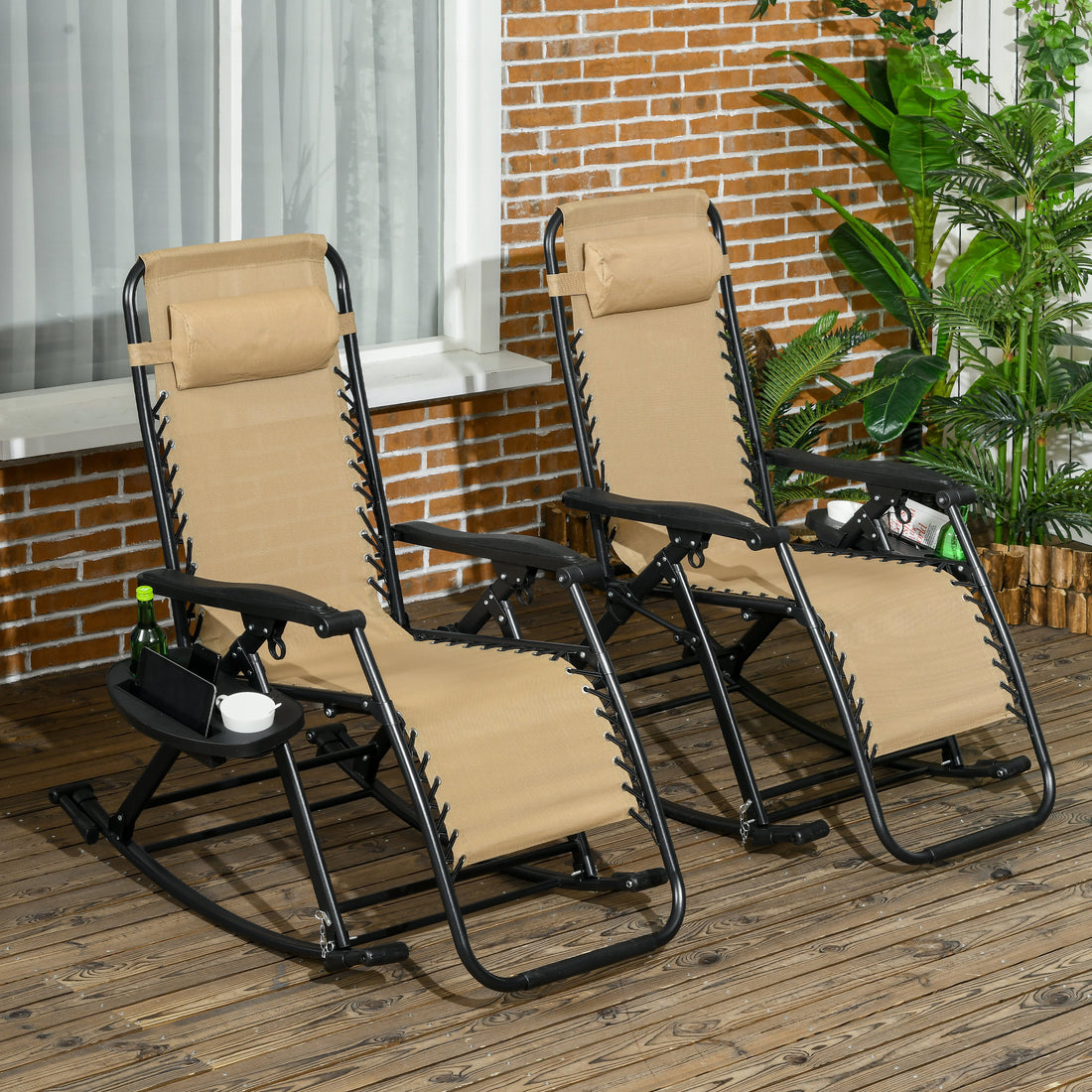 Outsunny 2 Pieces Outdoor Rocking Chairs, Foldable Reclining Zero Gravity Lounge Rocker With Pillow, Cup & Phone Holder, Combo Design With Folding Legs, Beige Beige Steel