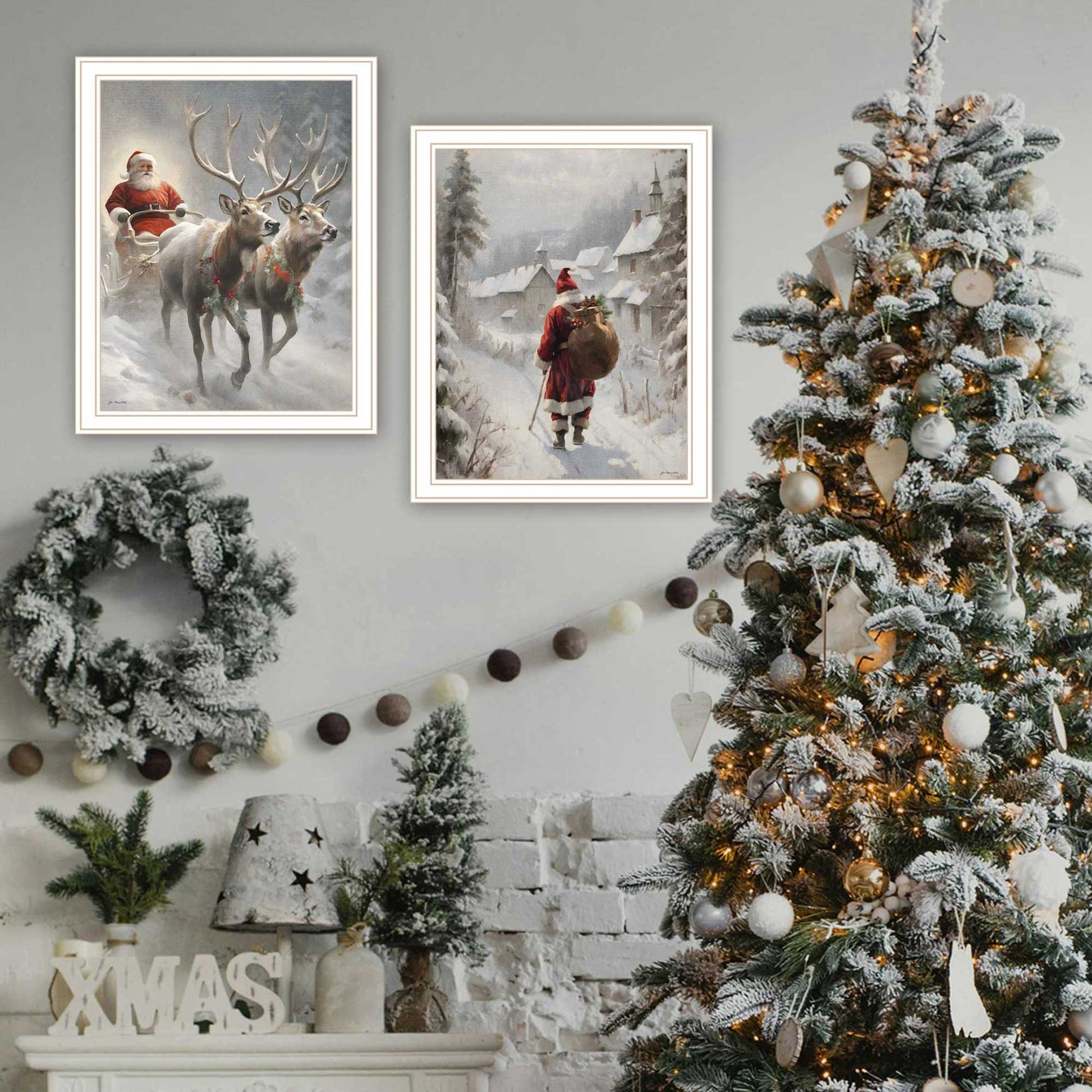 2 Piece Vignette On The Eve Of Christmas White Framed Wall Art For Living Room, Holiday Wall Art Print For Home Decor, Bedroom Wall Art By Jo Moulton Multicolor Wood Paper