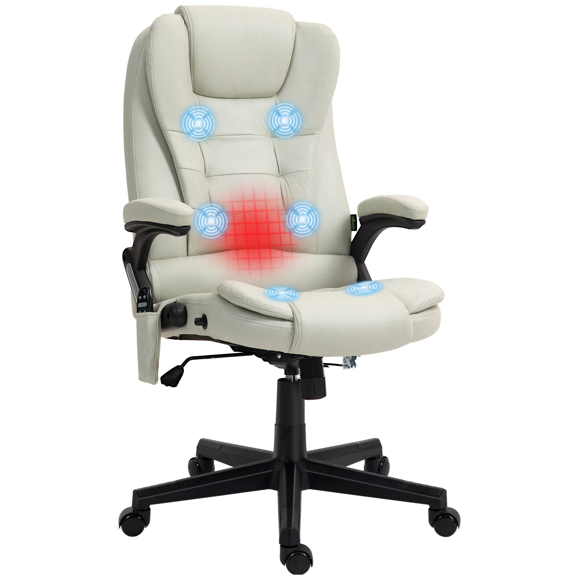Homcom 6 Point Vibrating Massage Office Chair With Heat, Microfiber High Back Executive Office Chair With Reclining Backrest, Padded Armrests And Remote, Beige Beige Polyester