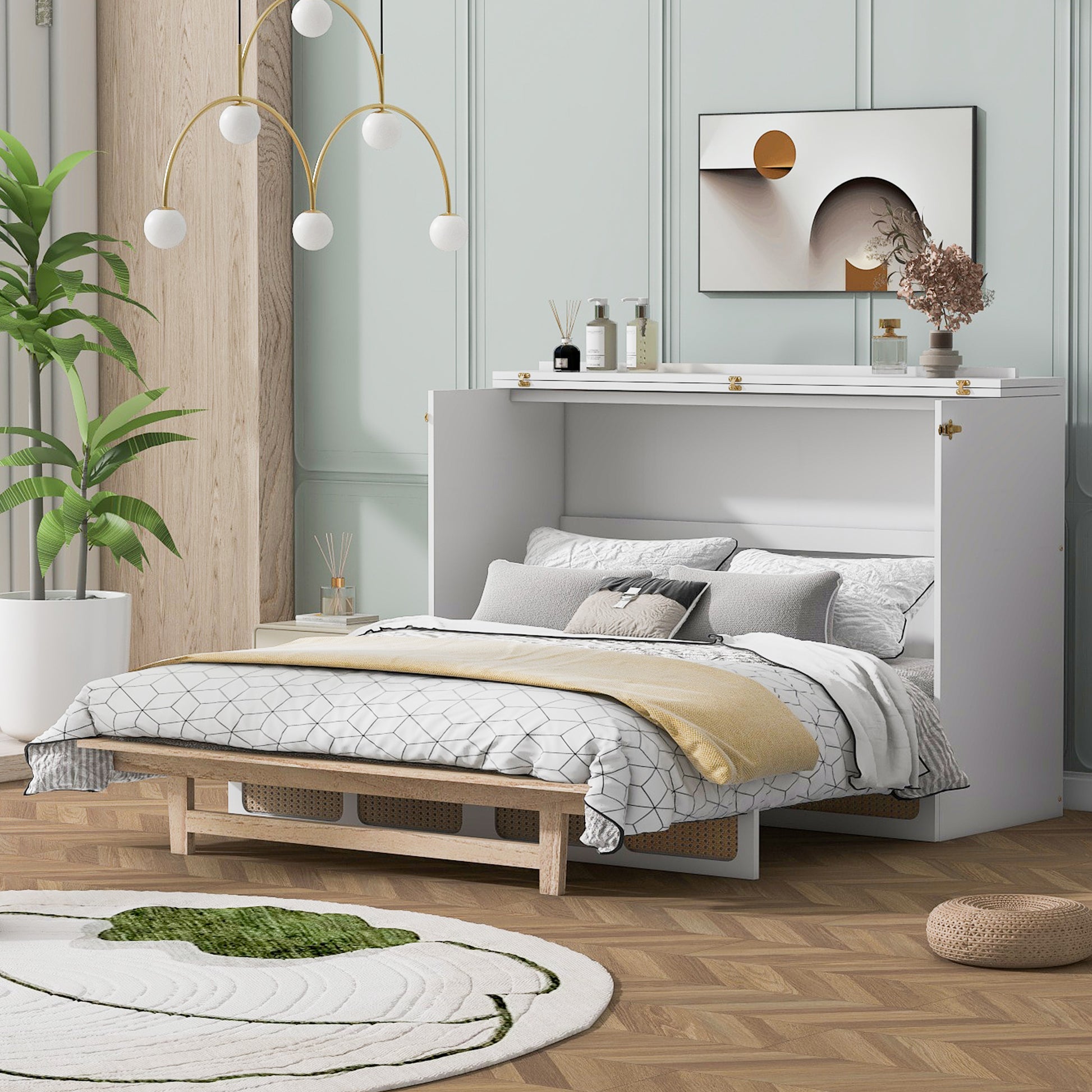 Queen Murphy Bed With Large Drawers,White Queen White Plywood
