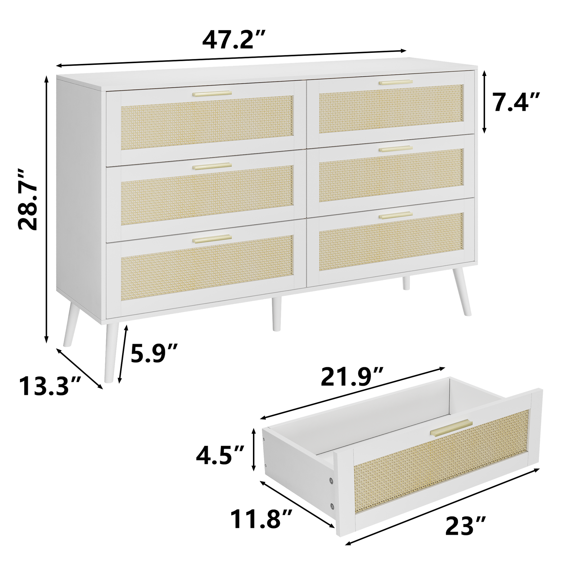 White Rattan 6 Drawers Chest Of Dressers For Bedroom Modern 6 Drawer Dresser, Wide Chest Of Drawers With Gold Handles, Rattan Dresser Storage Cabinet For Living Room, Bedroom, Hallway White American Design,American Traditional,Antique,Casual,Wild Style