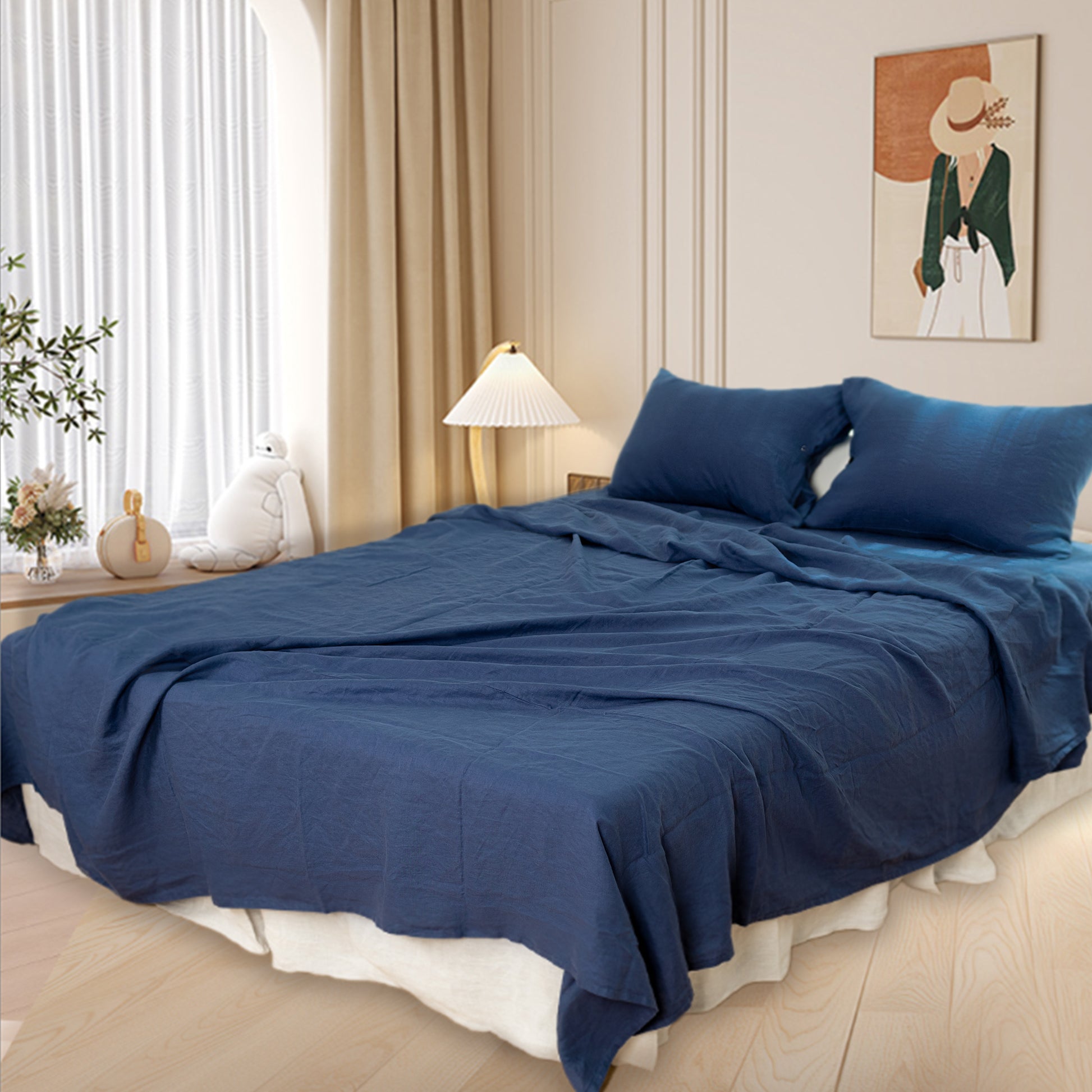 4 Pcs King Bedding Set, Premium Linen Bedding Sheets & Pillowcases, Bed In A Bag King Size Bed Set King Navy Linen