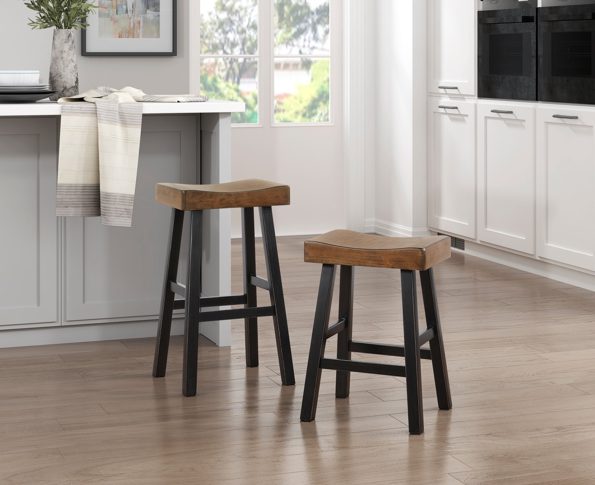 Transitional Design Counter Height Stools Set Of 2Pcs, Black And Brown Finish Solid Rubberwood Furniture Black,Brown Dining Room Transitional Set Of 2 Solid Wood