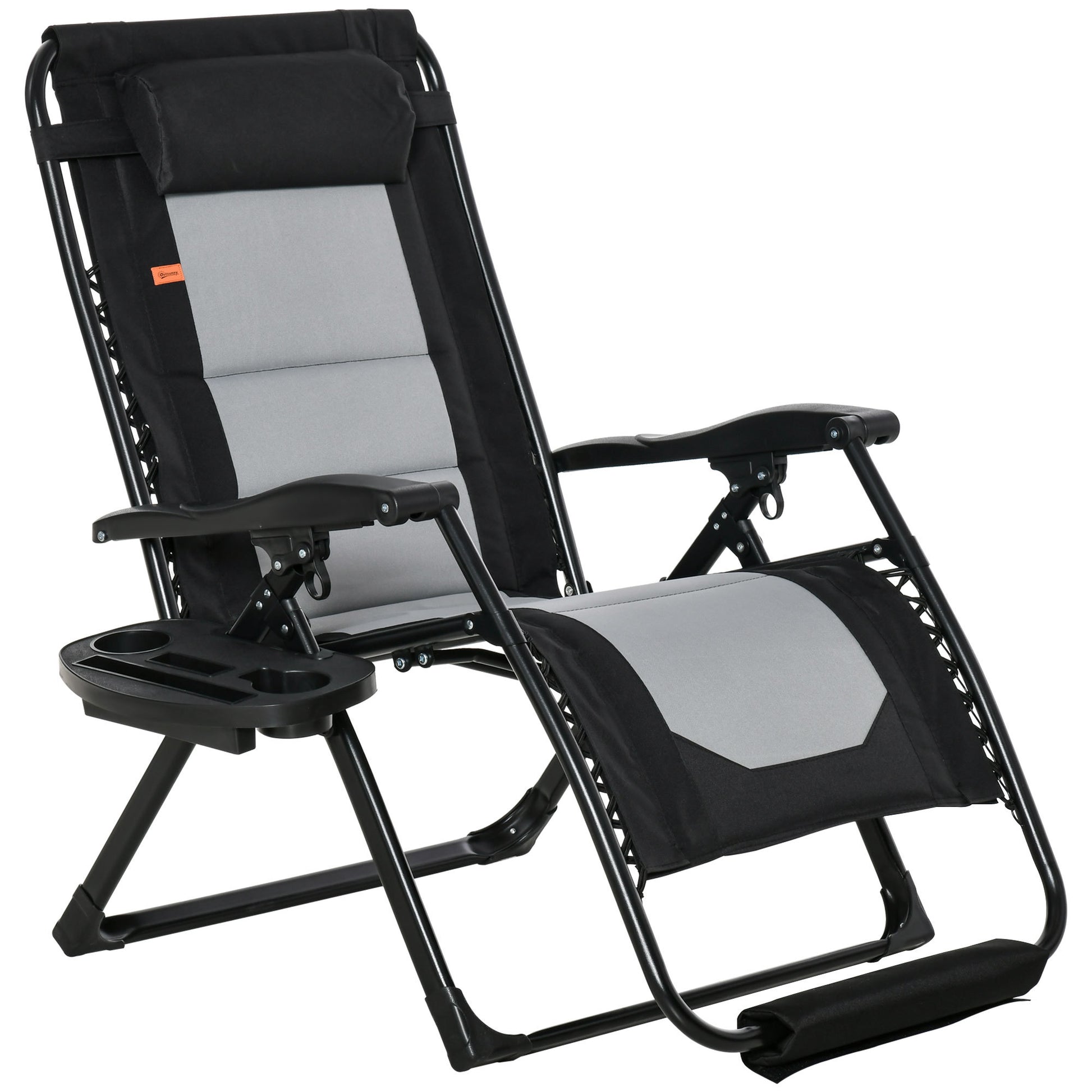 Outsunny Foldable Outdoor Lounge Chair With Footrest, Oversized Padded Zero Gravity Lounge Chair With Headrest, Side Tray, Cup Holders, Armrests For Camping, Lawn, Garden, Black Black Steel