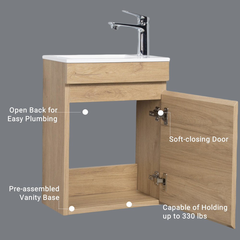 16" Floating Bathroom Vanity With Sink, Wall Mounted Small Bathroom Storage Vanity Cabinet With Resin Top Basin And Soft Close Doors, Natural Oak 24V11 16No Oak Wood