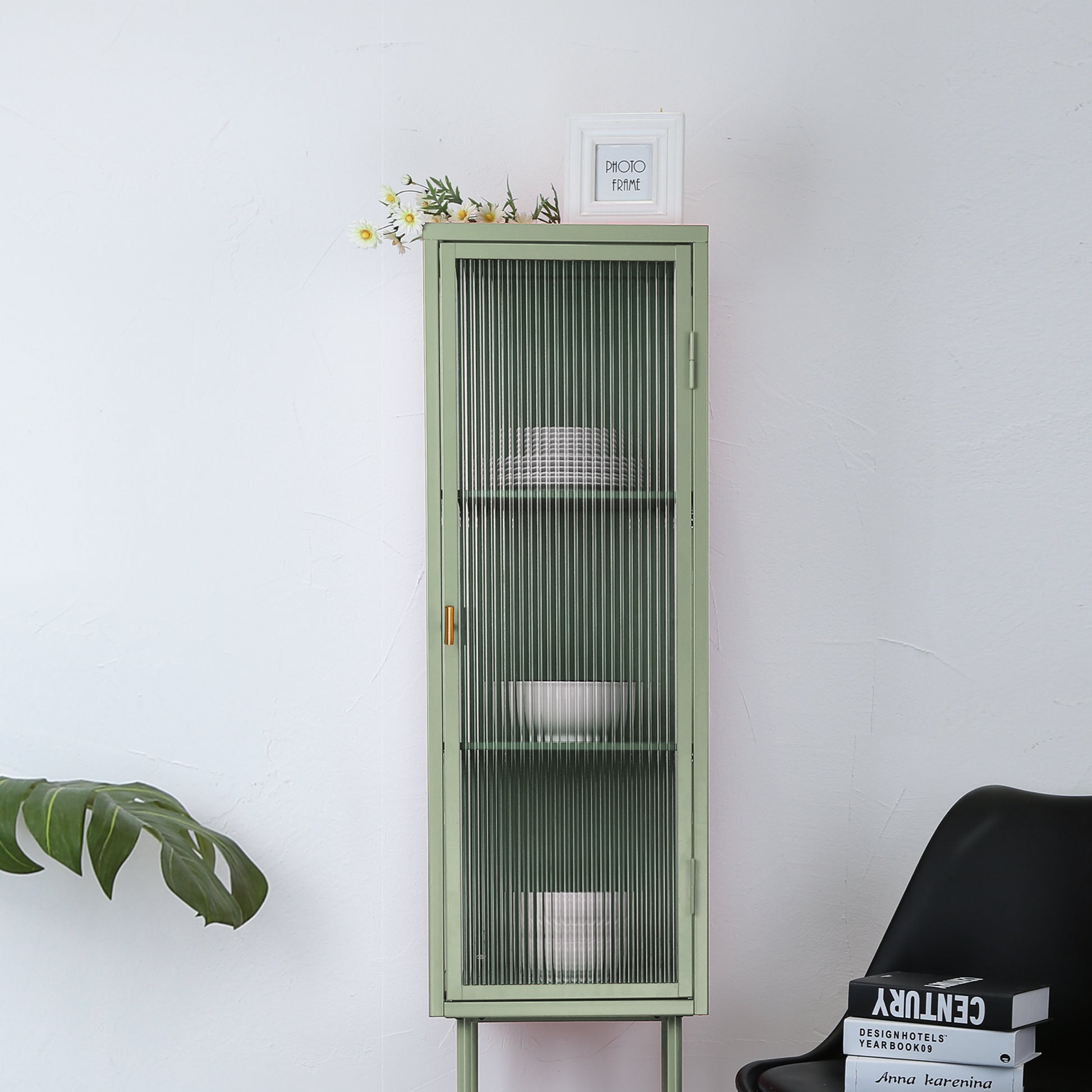 Retro Style Freestanding Metal Tall Display Cupboard With Glass Door And Three Detachable Shelves For Office, Living Room, Kitchen Console Sideboard,Bedside Entryway Mint Green Old Sku:W68751718 Mint Green Steel