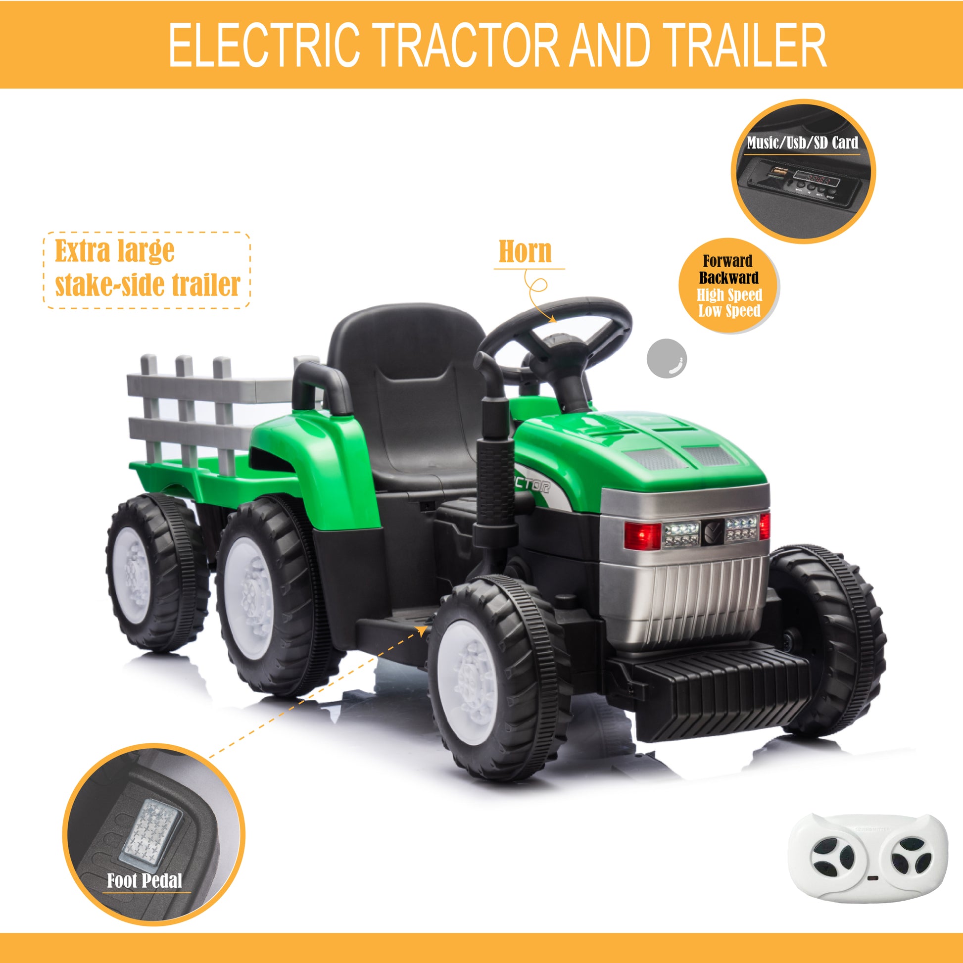 Green, 12V7Ah Battery Powered Toy Tractor With Trailer, Remote Control, Kids' Electric Excavator Vehicles With 2X35W Dual Motor, Treaded Tires, Led Lights, Usb, Music, Gift Childrens Day Green 50 99 Lbs Iron Plastic Iron Plastic Indoor & Outdoor Use