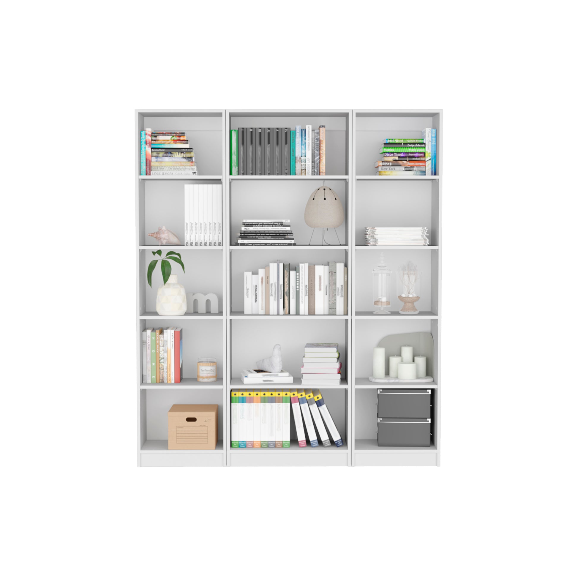 Bartow 3 Piece Home Bookcase Set, 60" Wide With 15 Shelvesliving Room Set Set White Freestanding 5 Or More Shelves White Office Open Storage Space Particle Board