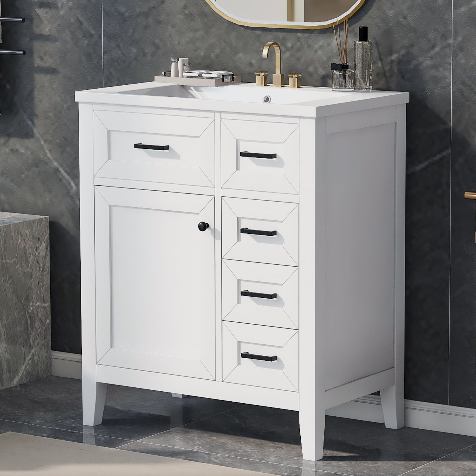 30" Bathroom Vanity With Sink Combo, White Bathroom Cabinet With Drawers, Solid Frame And Mdf Board White Solid Wood Mdf