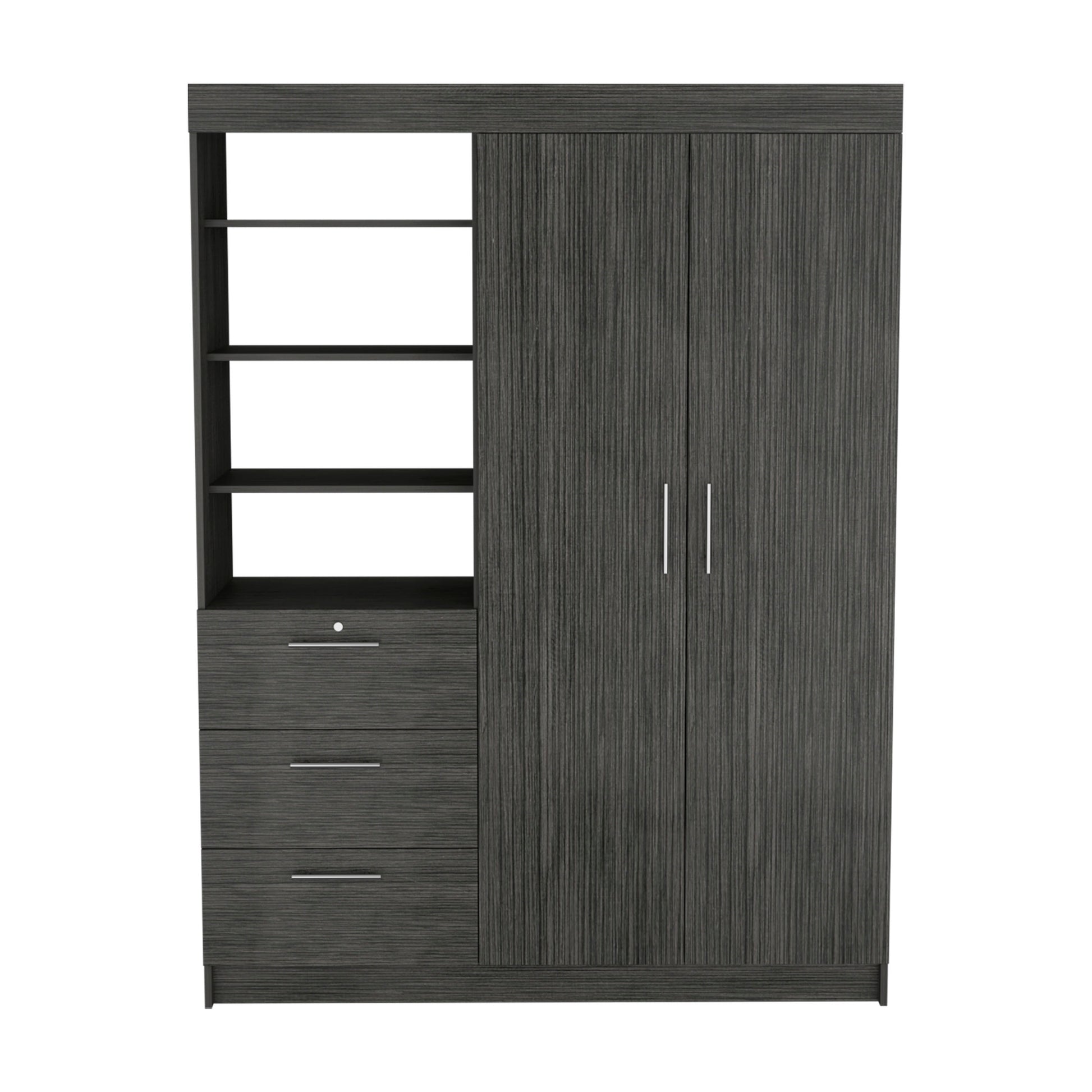 Kenya 3 Drawers Armoire, Double Door, 3 Tier Shelf Smokey Oak Smoke Grey Bedroom Modern Particle Board