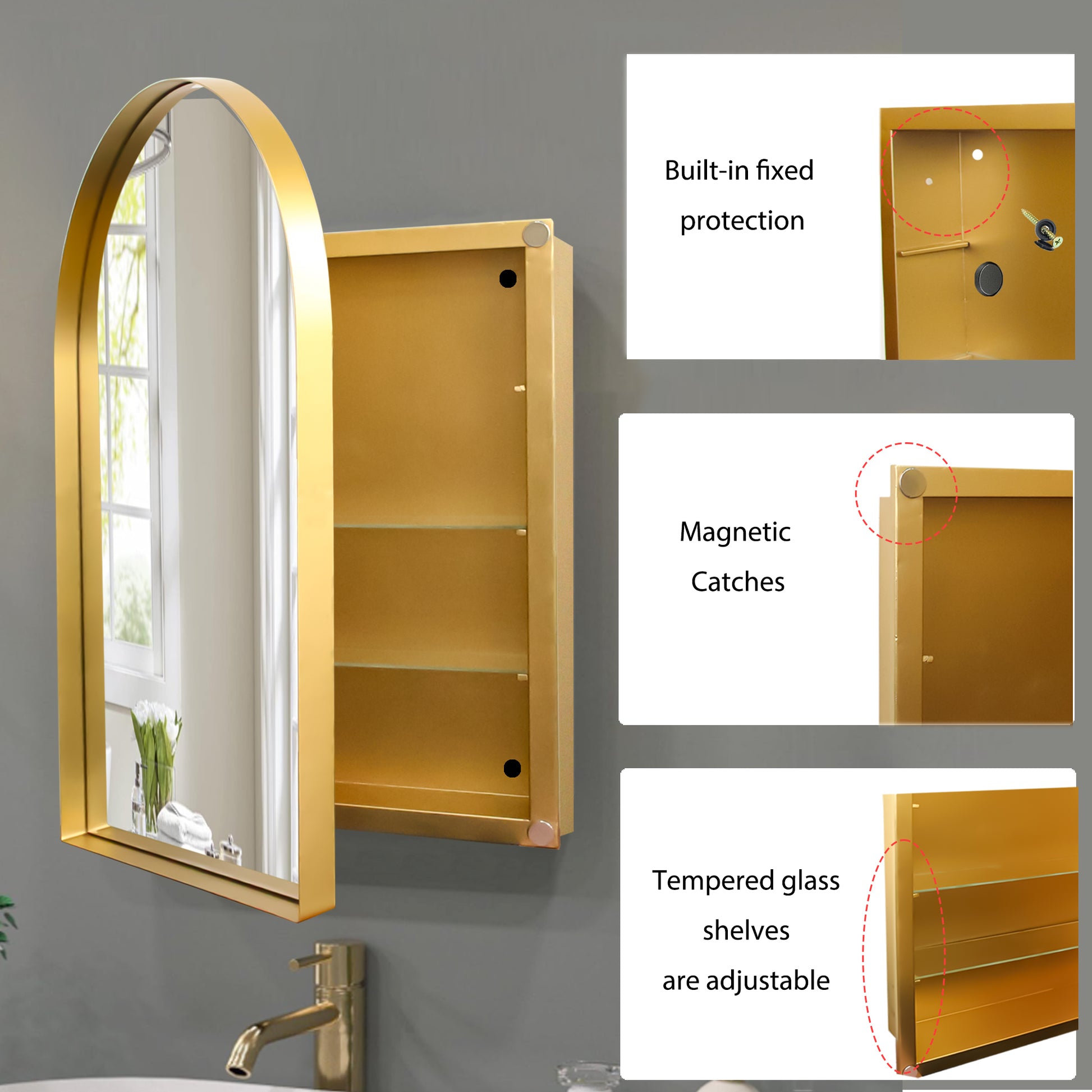 24X36 Inch Arched Recessed Medicine Cabinet, Metal Framed Bathroom Wall Cabinet With Mirror And Adjustable Shelves, Wall Mirror With Storage For Bathroom, Matte Gold Gold 2 Adjustable Shelves Bathroom Wall Mounted Metal