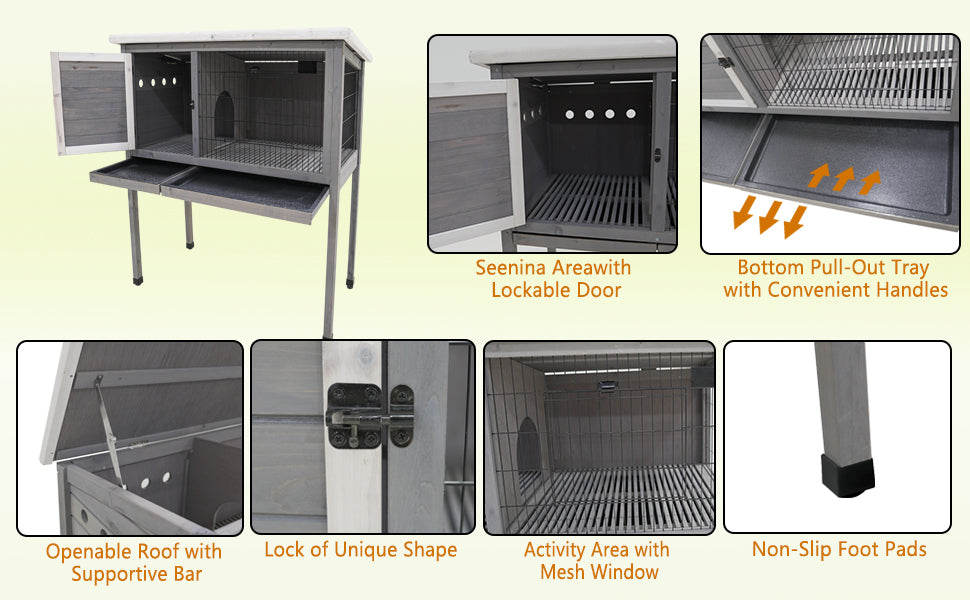 48"Wood Rabbit Hutch, Indoor Outdoor Bunny Cage With Roof And Removable Tray, Chicken Coop With Lockable Door, Guinea Pig Cage, Small Animal Houses & Habitats Grey Gray Solid Wood