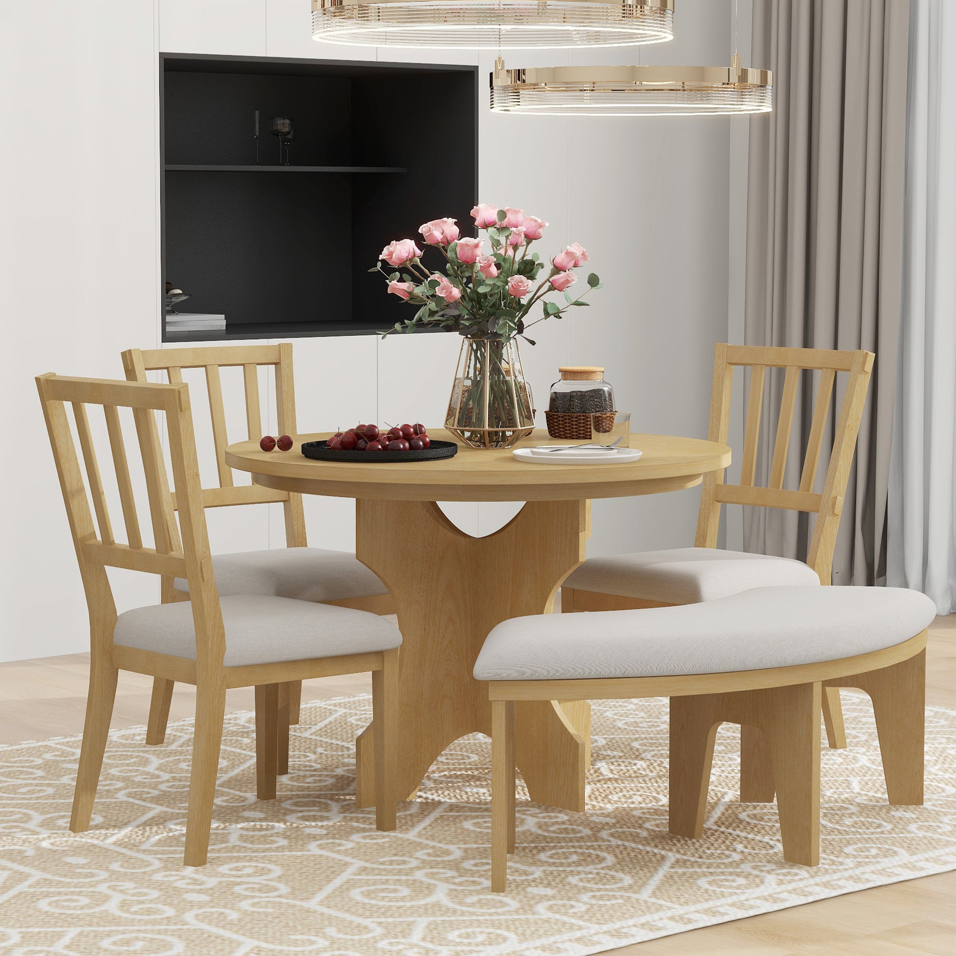 5 Piece Rustic Charm Round Dining Set With 3 Upholstered Chairs And Curved Bench For Dining Room, Kitchen And Living Room Natural Natural Rubber Wood