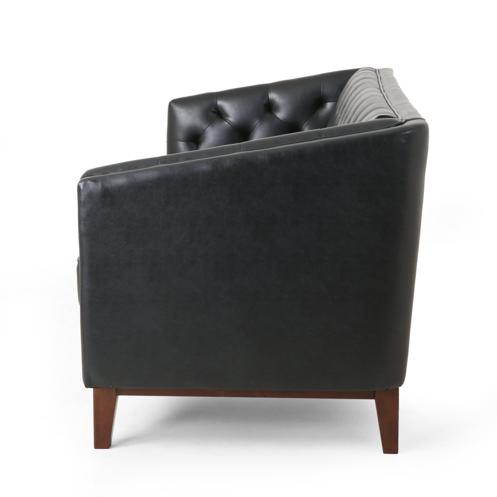 Mirod 81'' Pu Sofa,Tufted Back,Solid Wood Legs,Living Room And Study Black Pu 3 Seat