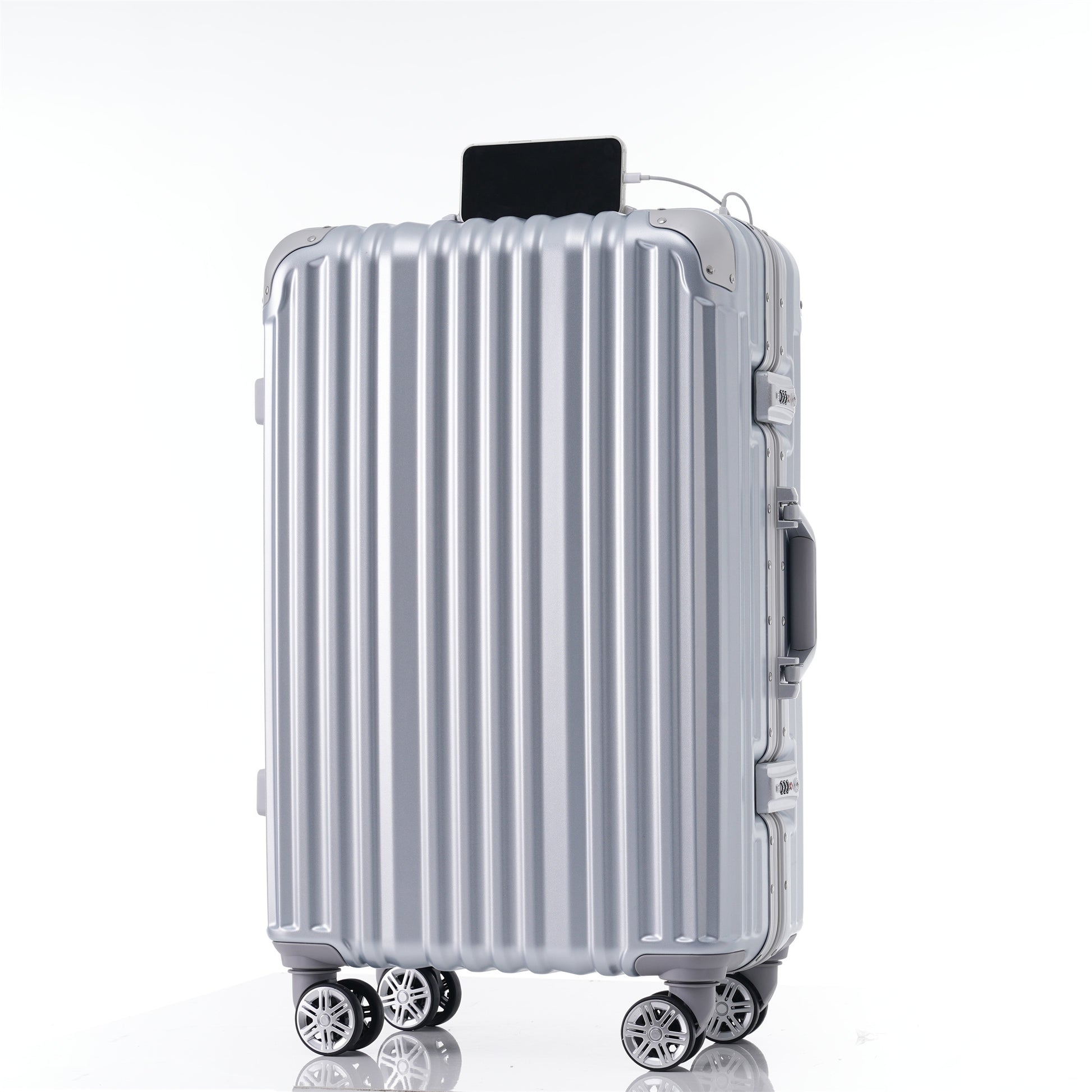 1Pc 20In Aluminum Frame Luggage With Usb Port, Vacation Carry On Suitcase With Spinner Wheels And Tsa Lock, Travel Trolley Case For Short Business Trips, Beach Holidays, Gray Silver Silver Abs Pc