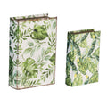 Set Of 2 Botanical Green And White Book Boxes, L:11X7X3