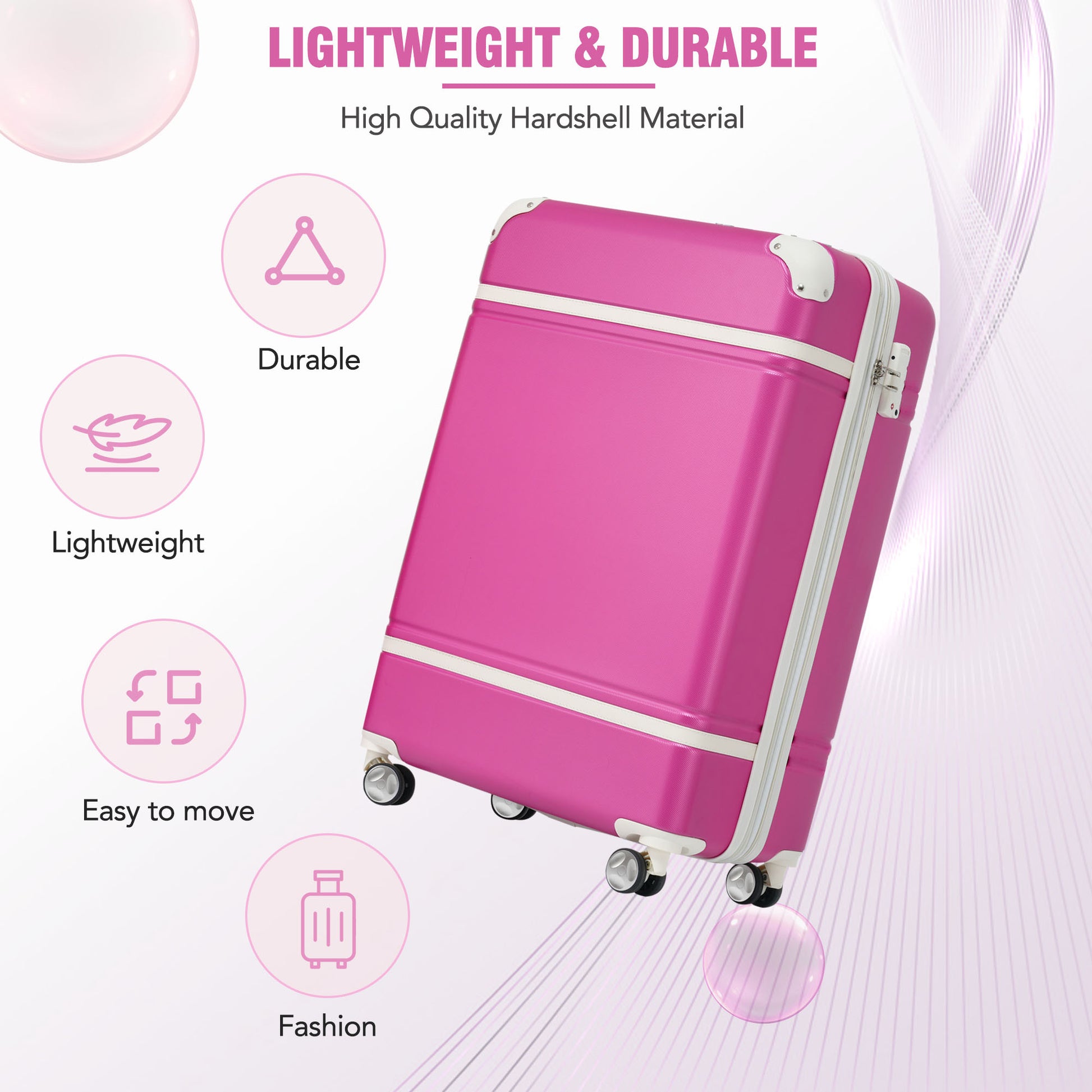 20 In Hardside Luggage With Cosmetic Case2 Piece Lightweight Suitcase Set With Spinner Wheels, Carry On Vintage Luggage,Pink Pink Abs