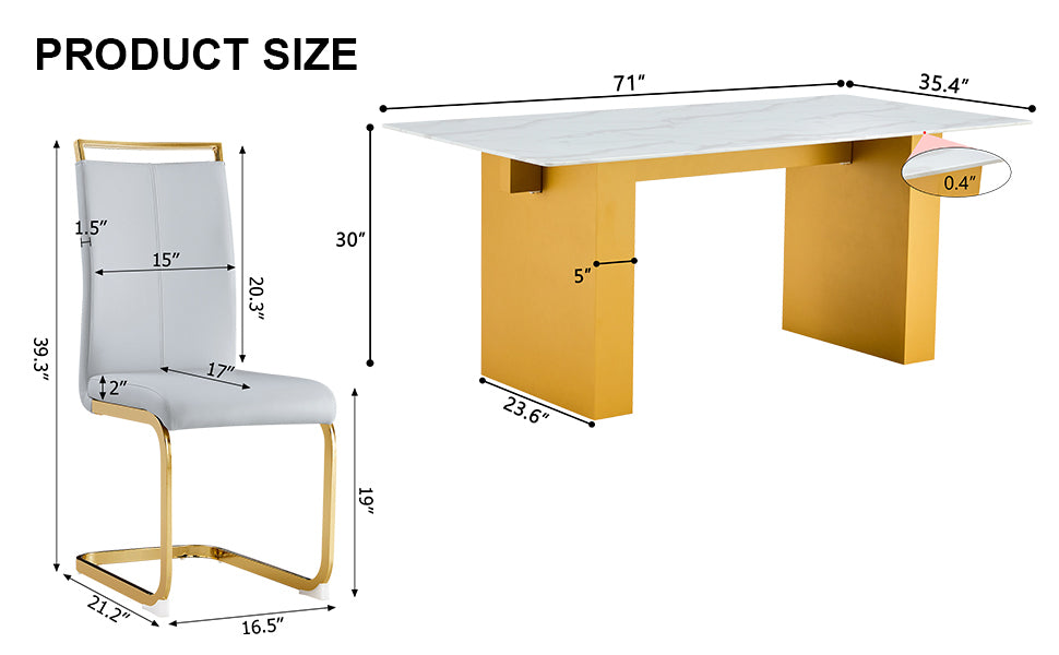 Table And Chair Set.Large Modern Rectangular Table With 0.4 Inch Patterned Glass Tabletop And Large Mdf Table Legs.Comes With 6 Chairs With Faux Leather Cushioned Seats And Golden Metal Legs. Gold White Seats 6 Mdf Glass
