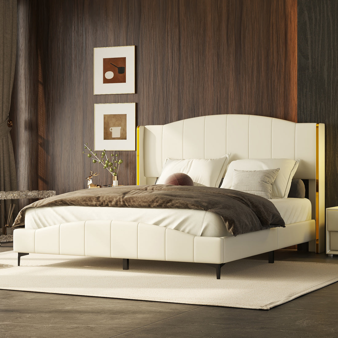 Queen Size Pu Leather Upholstered Platform Bed, Headboard With Wingback And Metal Bar Accents, No Box Spring Required, Beige Queen Beige Pu