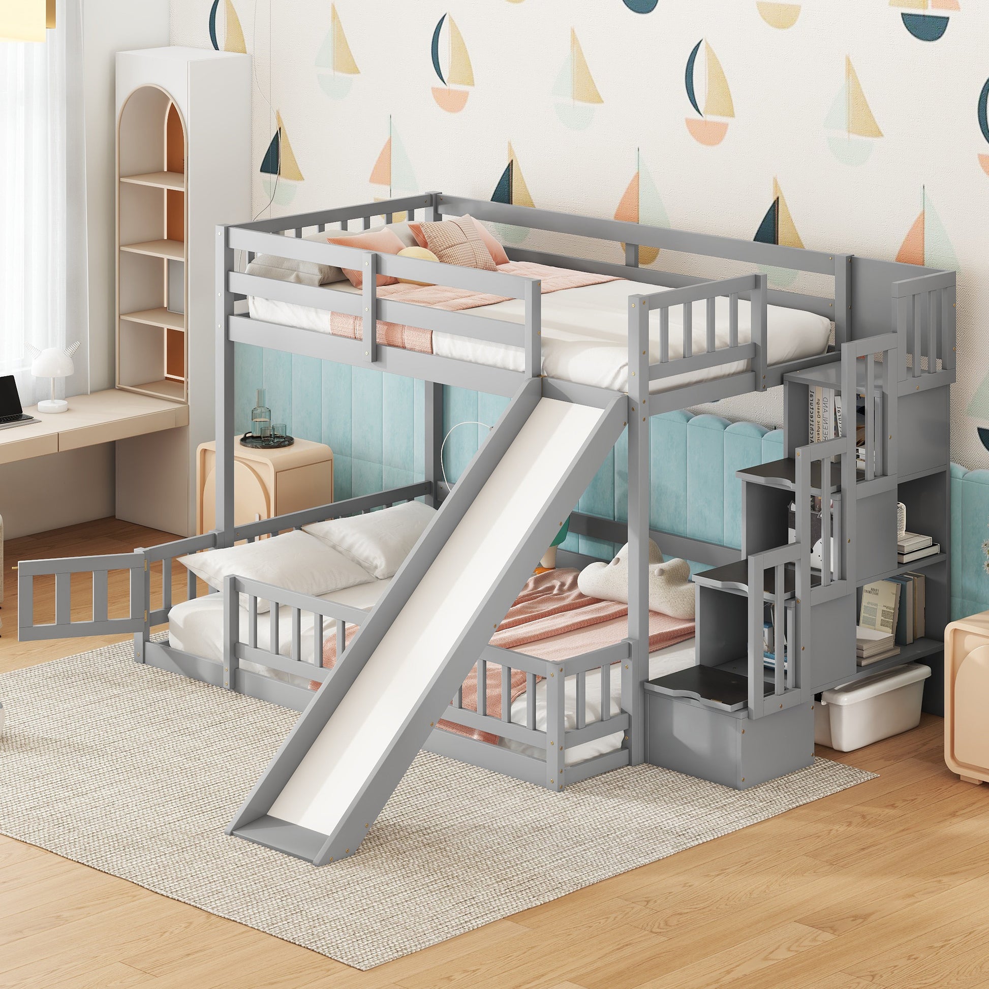 Twin Over Full Bunk Bed With Slide, Storage Staircase, Pine Solid Wooden Bunk Bed With Safety Guardrails ,Grey Grey Pine