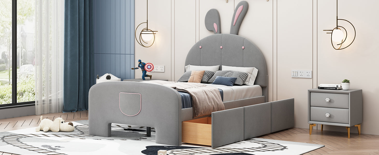 Twin Size Velvet Platform Bed With Rabbit Shaped Headboard, With Drawers, With Bed End Storage Pocket, Gray Twin Gray Plywood