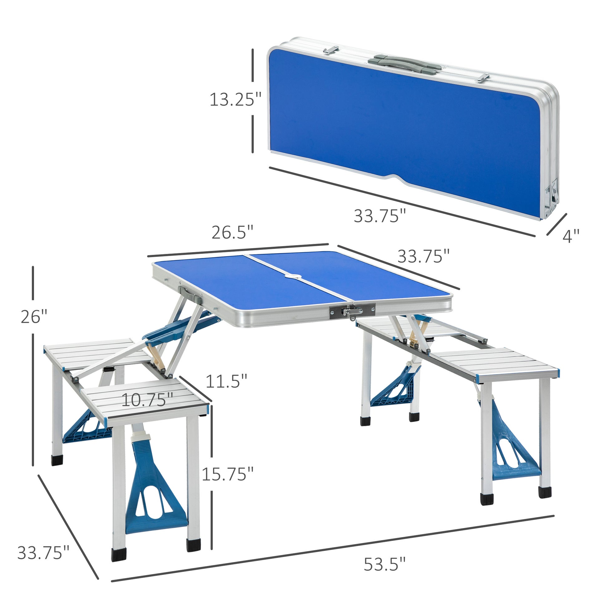 Outsunny Folding Picnic Table With Umbrella Hole, Aluminum Suitcase Portable Outdoor Table With Bench, Patio, Porch Or Camping Table And Chair Set, Ocean Blue Blue Mdf