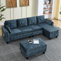 Sectional 3 Seaters Sofa ,Double Sided Multi Functional Footstool, Storage Matnon Slip Leg, Two Pillows, Velvet,Navy Blue Navy Blue Velvet 3 Seat