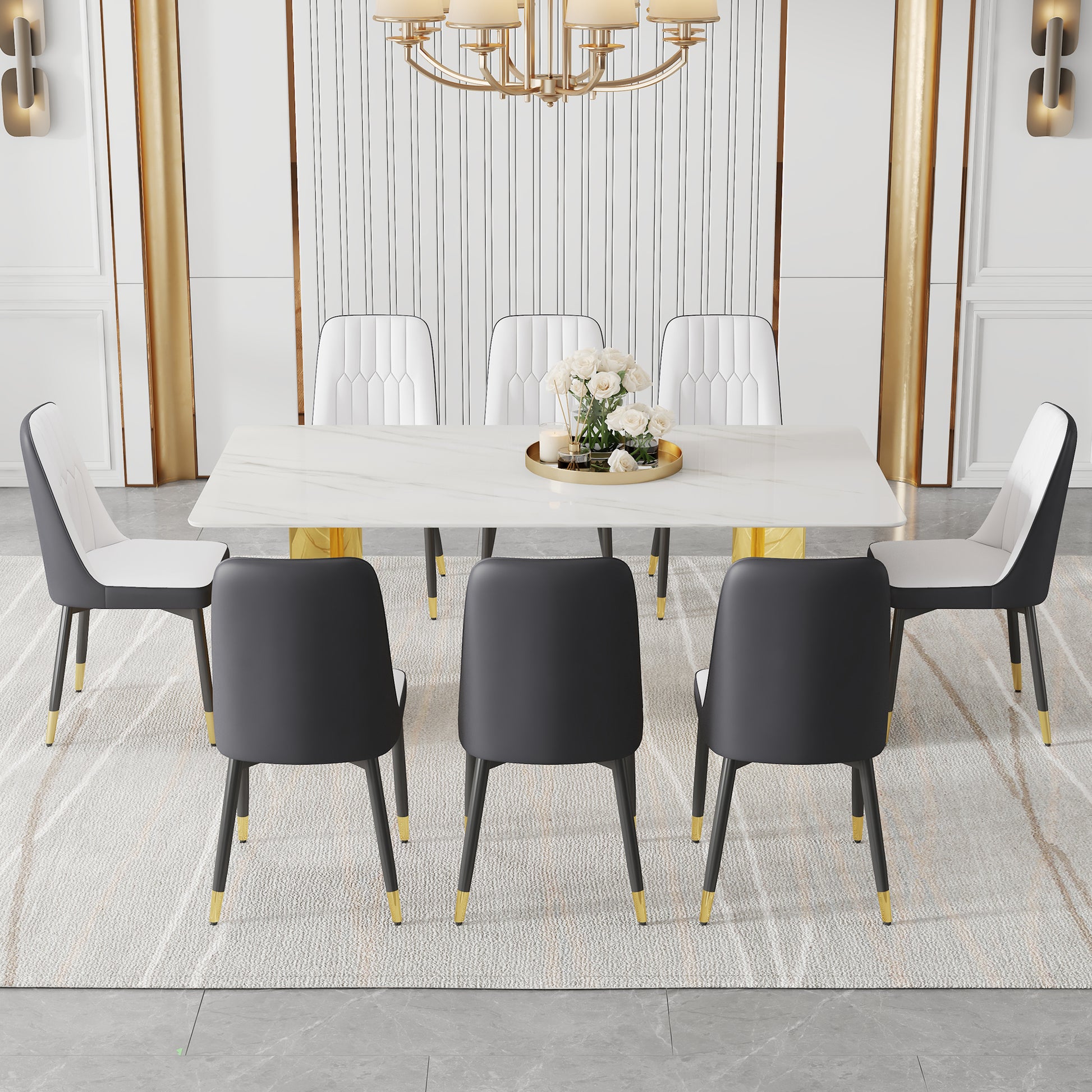 Table And Chair Set.The Table Has A Glass Top With Imitation Marble Pattern Stickers And Stainless Steel Golden Legs. Paried With Chairs With Pu Artificial Leather Backrest Cushions And Black Legs. White Gold Seats 8 Glass Metal