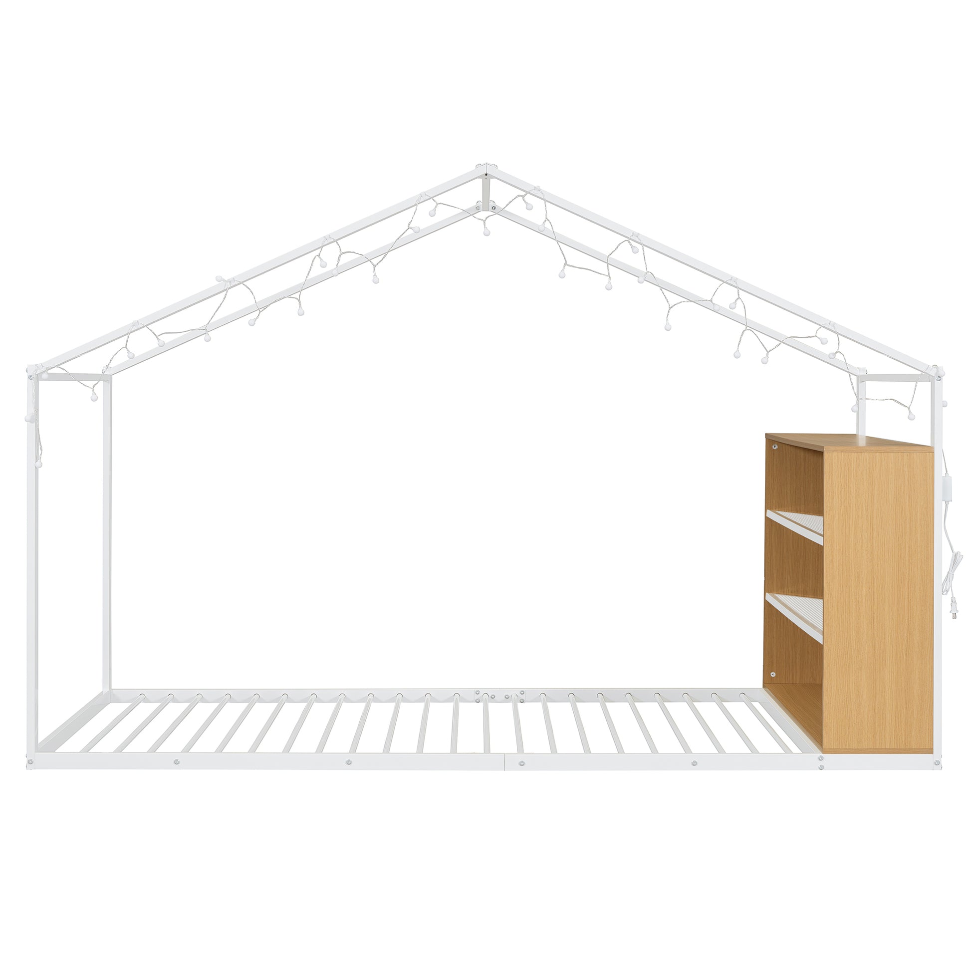 Twin Size Metal Bed House Bed Frame With Shelves And Lights, White Twin White Metal & Wood