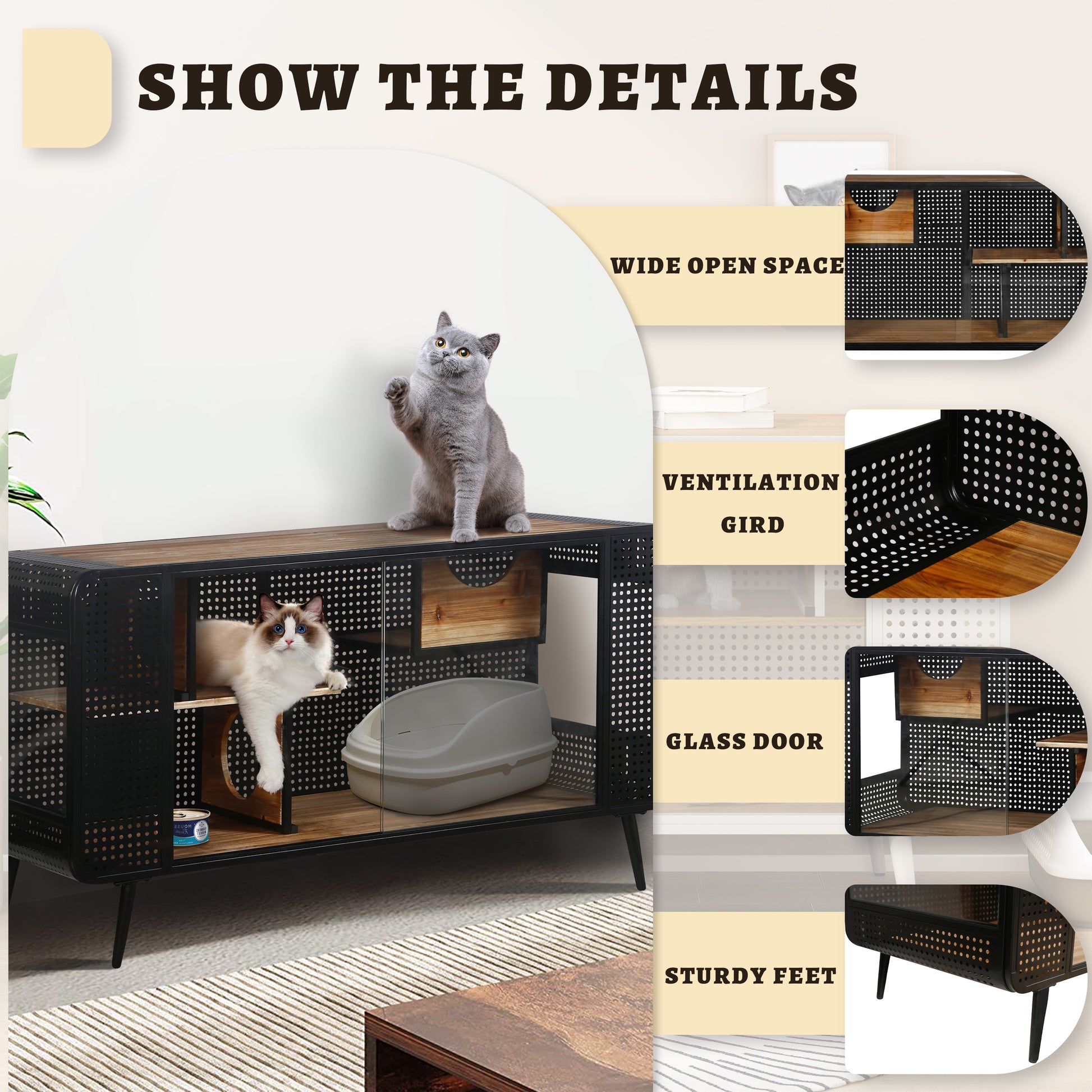 55.12 "Spacious Cat House With Tempered Glass, For Living Room, Hallway, Study And Other Spaces Black Brown Metal & Wood