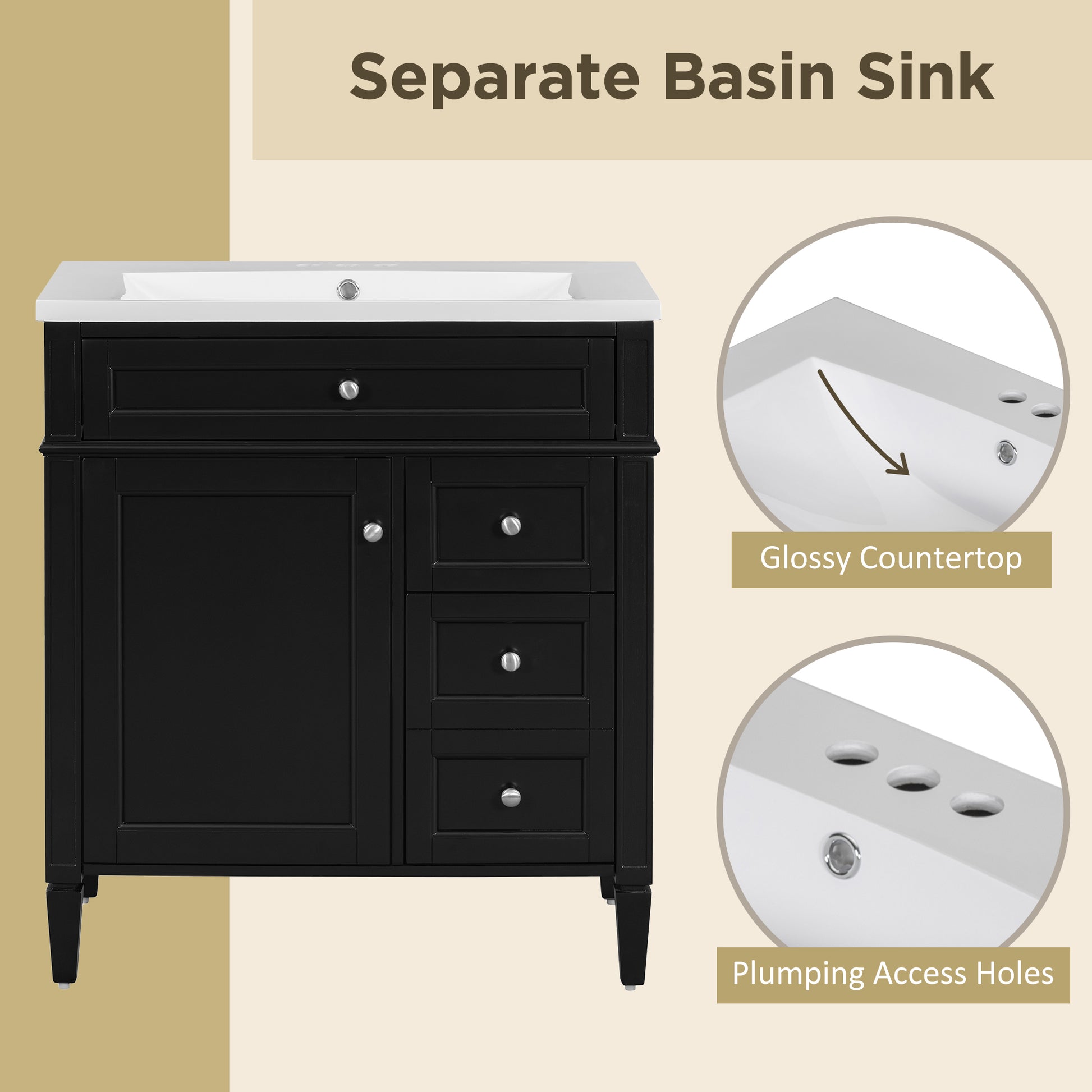 30'' Bathroom Vanity With Top Sink, Modern Bathroom Storage Cabinet With 2 Drawers And A Tip Out Drawer, Single Sink Bathroom Vanity Black Bathroom Solid Wood Mdf