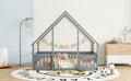 Full Wood House Shaped Floor Bed With Fence, Guardrails,Grey Full Grey American Design Pine