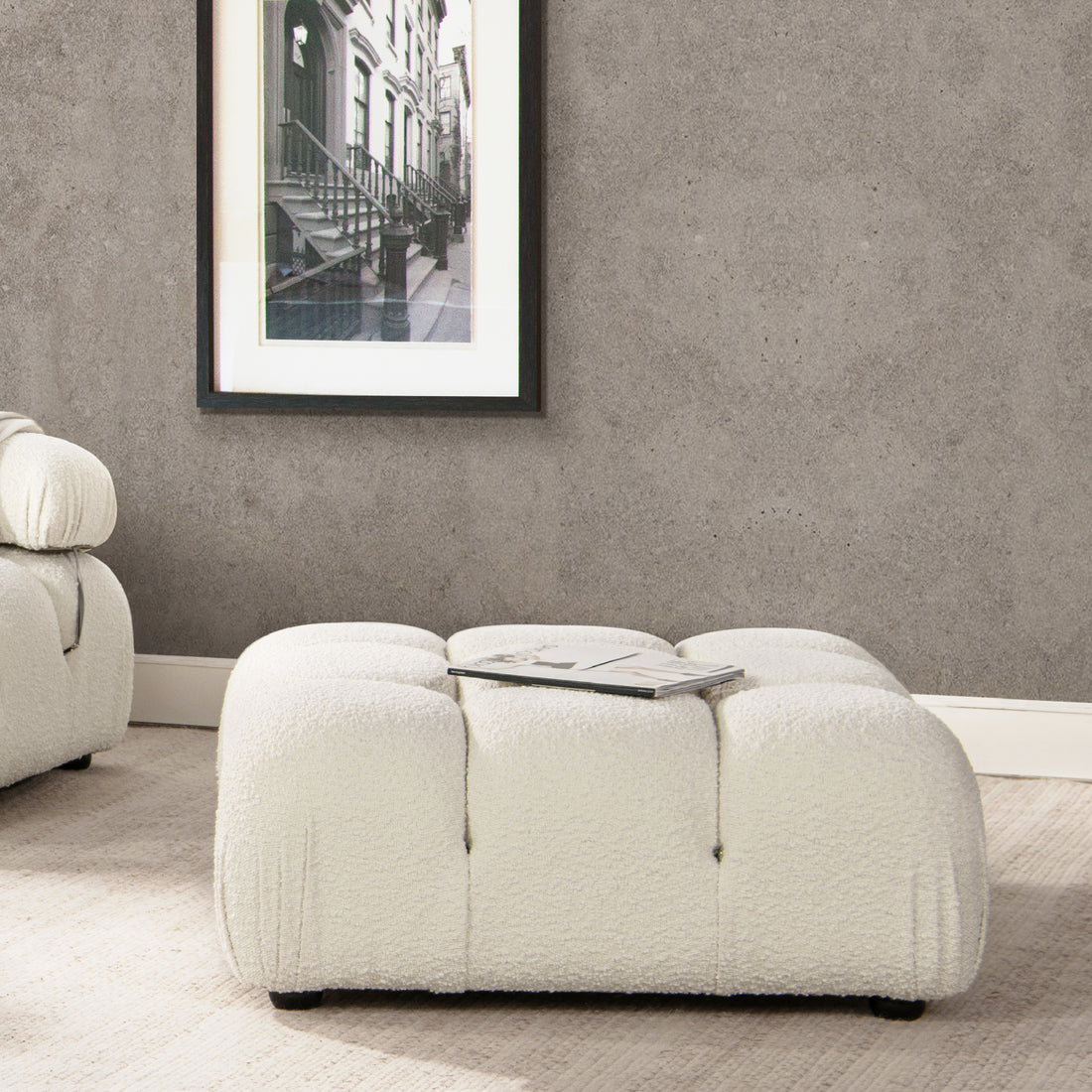 Marcel 36" Bubble Modular Modern Cocktail Ottoman, Ivory White Boucle White Foam Boucle