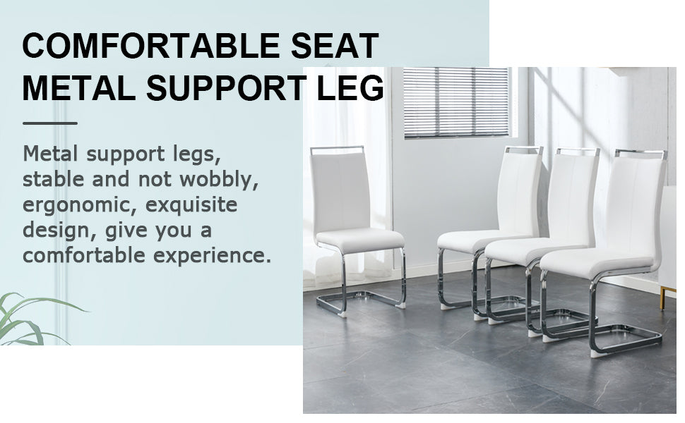 Table And Chair Set. Large Modern Rectangular Table With Glass Top And Silver Metal Legs. Furnished With Soft And Comfortable Pu Chairs With Faux Leather Upholstered Seats And Silver Metal Legs. White Silver Seats 6 Glass Metal